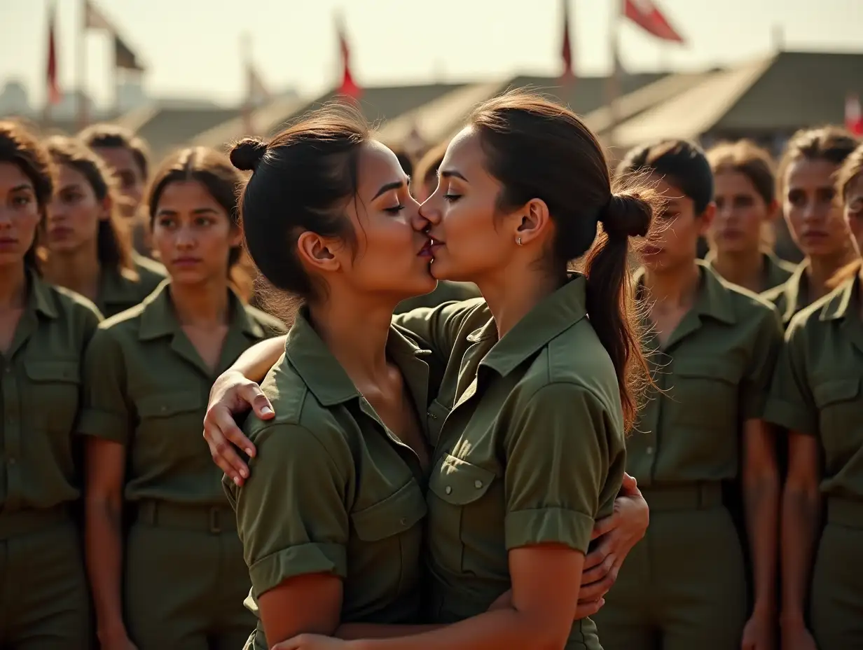 Young-Female-Soldier-Embracing-a-Comrade-in-a-Military-Training-Camp