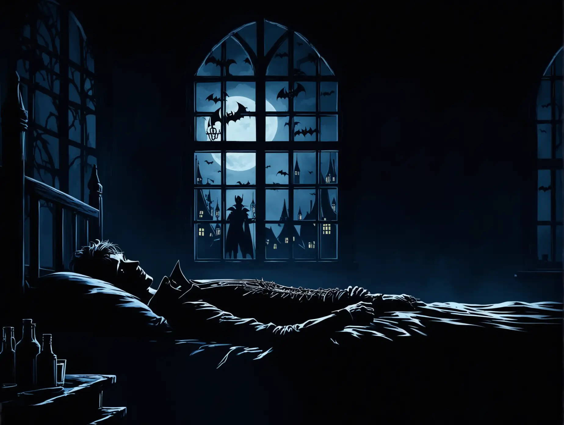 A room with a young man lying in bed in a tavern, dark silhouette of a vampire in latex at the window, night, fantasy