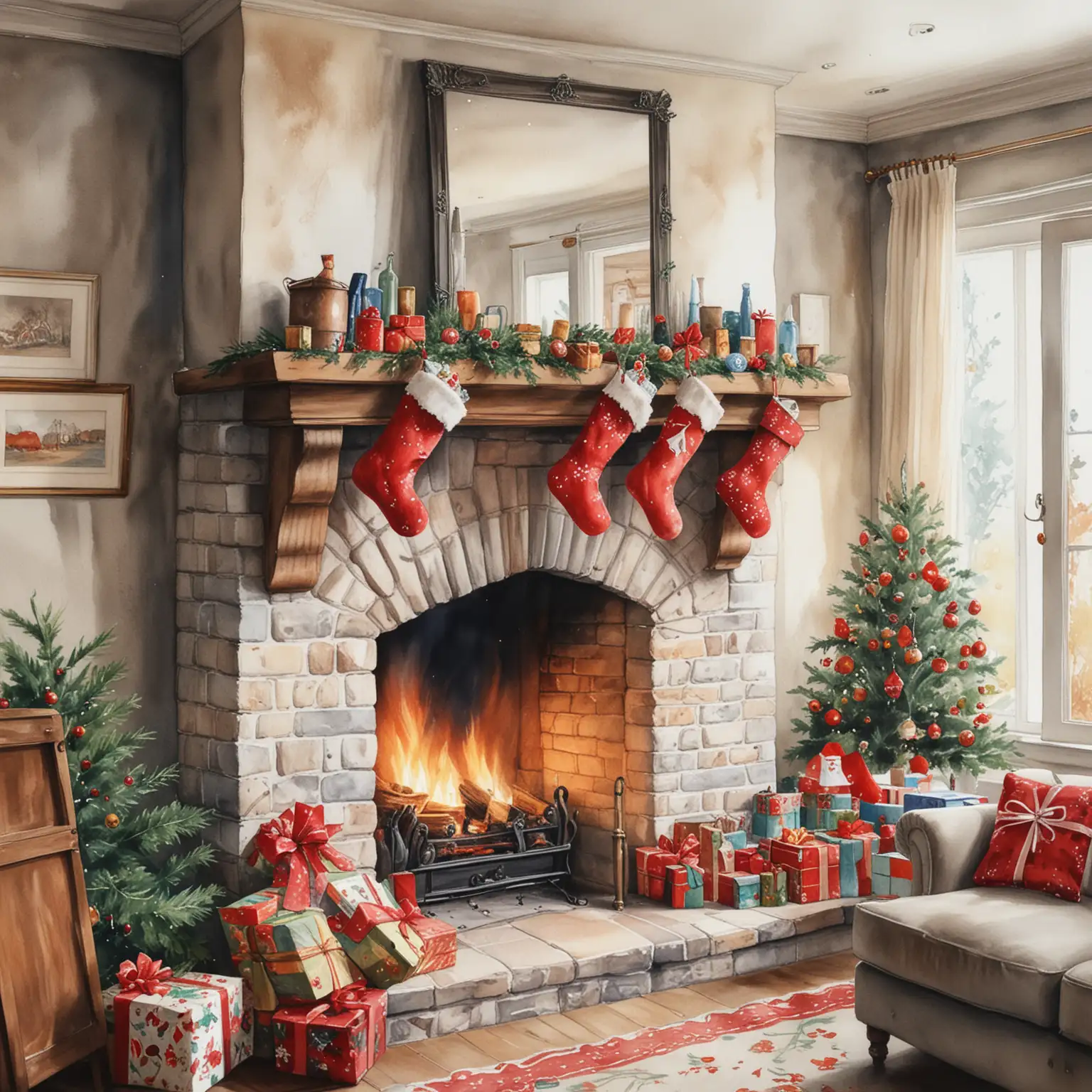 Cozy Christmas Fireplace with Stockings and Presents