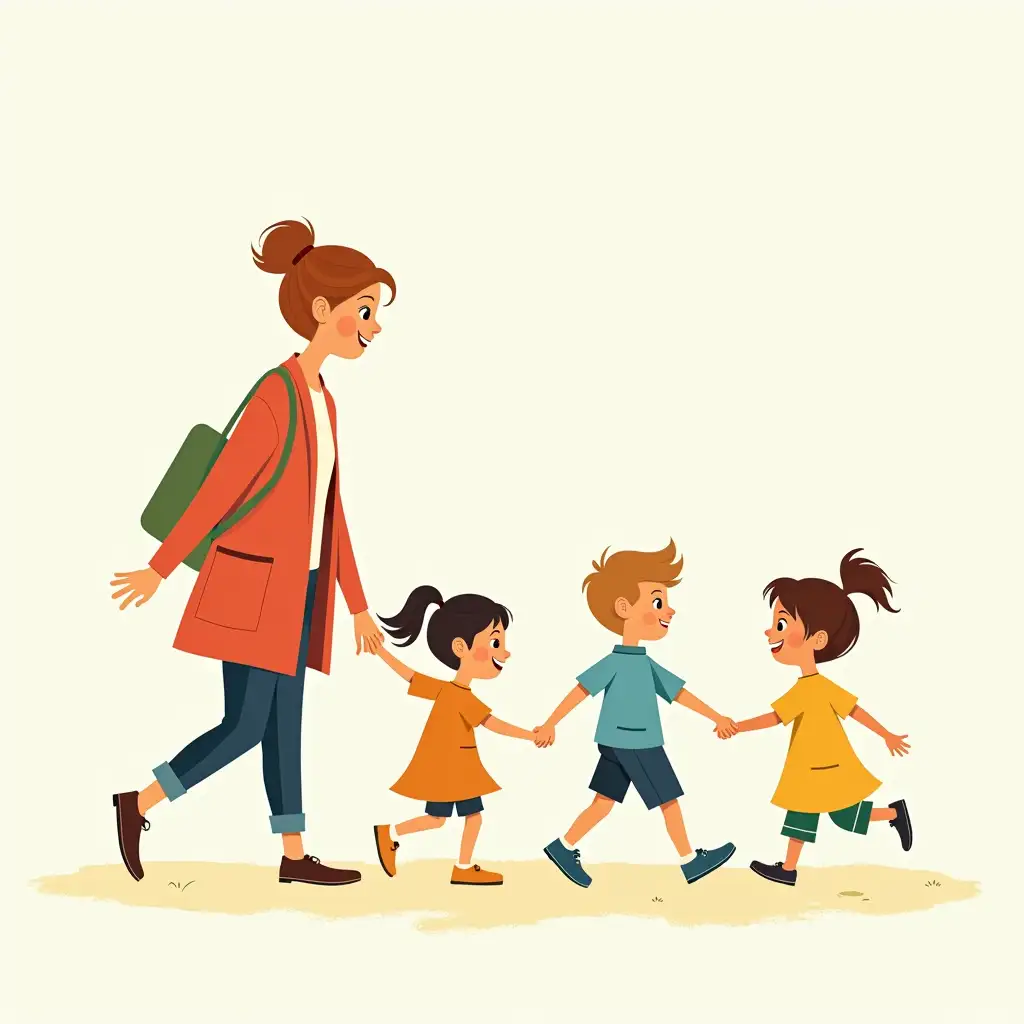 A beautiful postcard, vector image. Teacher's day. Teacher is walking with children. A simplified pretty drawing as if a child drew it. Emotions, happiness, joy, sunshine.