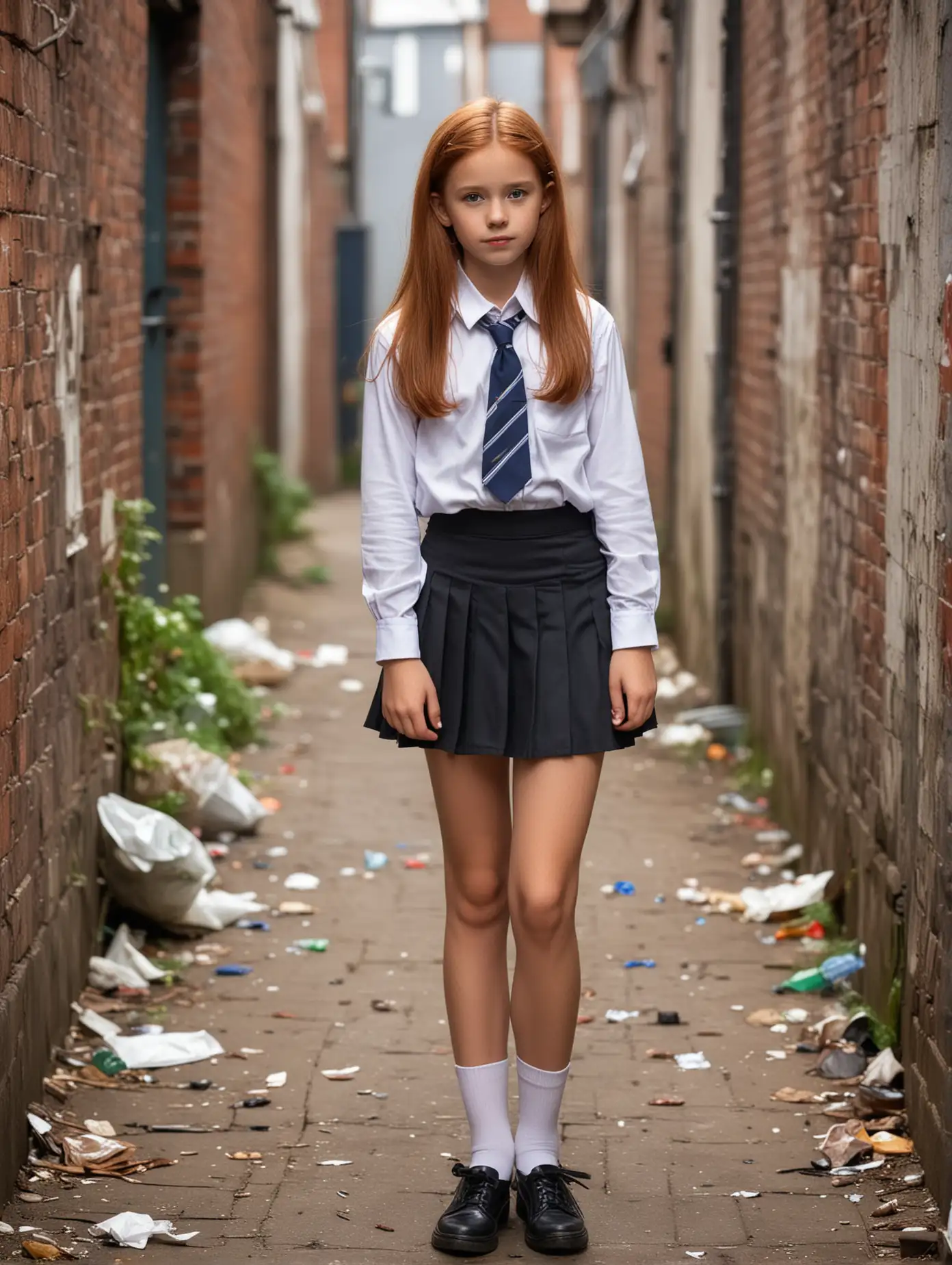 Young-Girl-in-Schoolgirl-Outfit-Standing-in-Urban-Alley