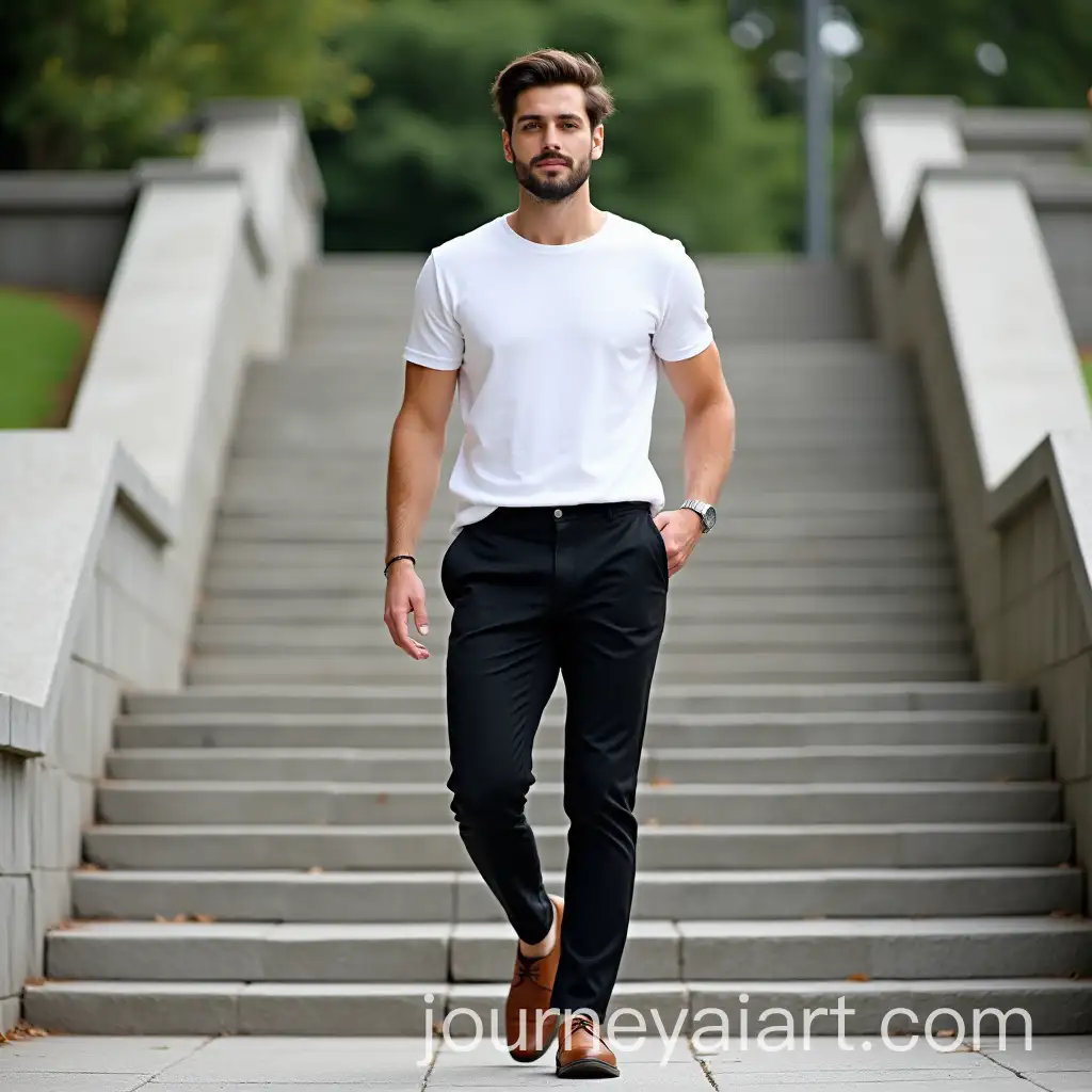 Young-Handsome-Man-in-White-Tshirt-and-Black-Trousers-Walking-on-AshColored-Outdoor-Stairs