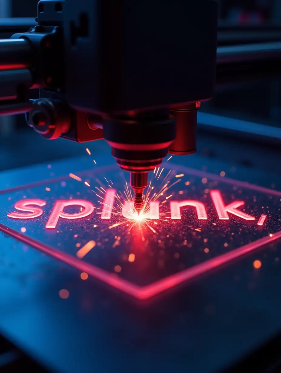 a laser engraver is cutting the characters 'splunk>' onto shiny acrylic material, colorful laser, some nice sparks, photorealistic