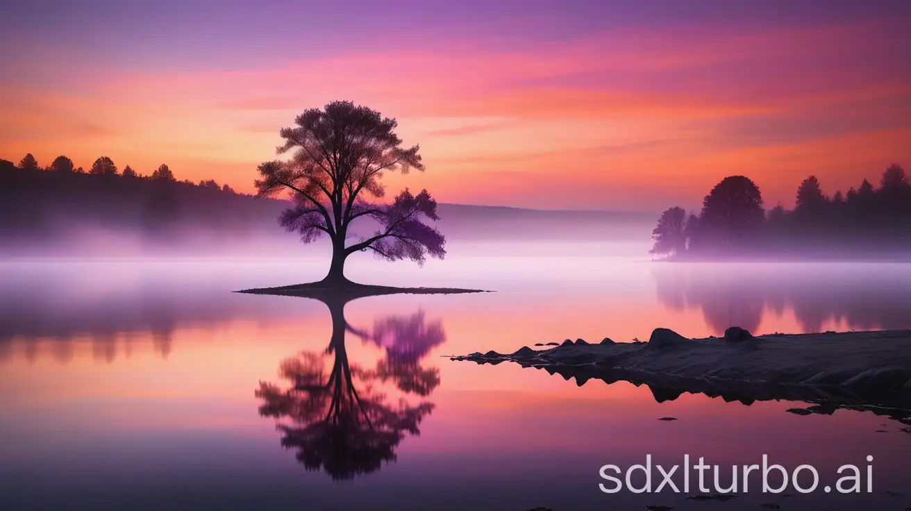 A serene sunset over a calm lake with a silhouette of a lone tree, vibrant orange, pink, and purple hues reflecting on the water, surrounded by soft mist.