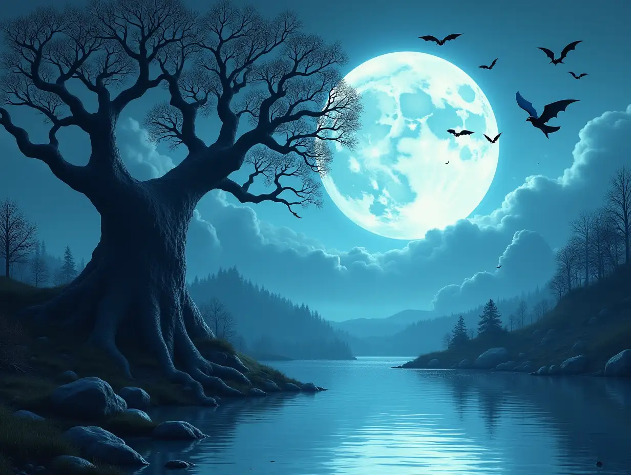 Create for me a landscape with a skull-shaped tree trunk by the river, bats flying around, the moon shining, and some clouds