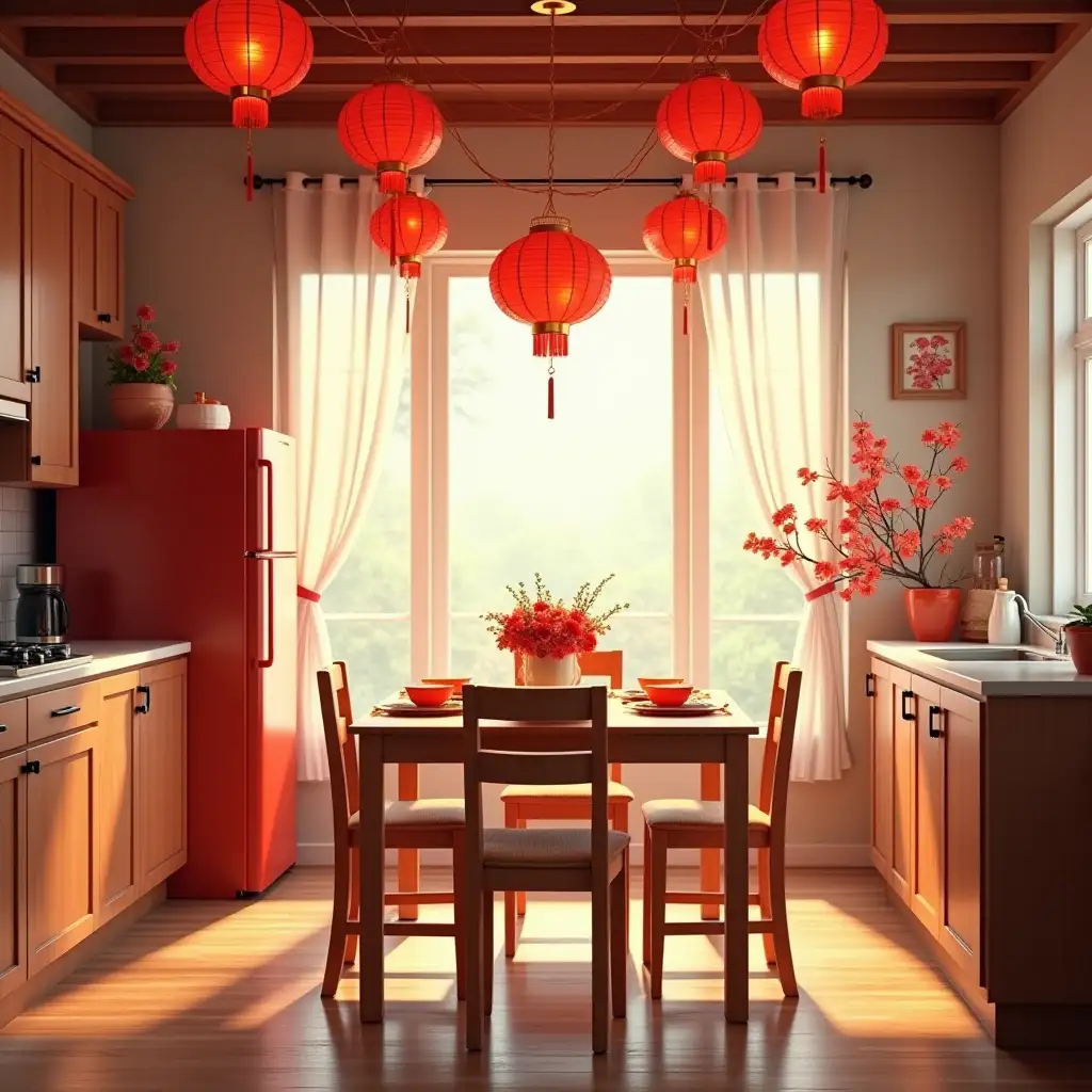 Sunlit Kitchen Decorated for Chinese New Year Celebration Festive Dining Room without desk with Red Lanterns and Flowers. A bright kitchen is set for a celebratory Chinese New Year meal. Red lanterns and flowers and fridge at behind 