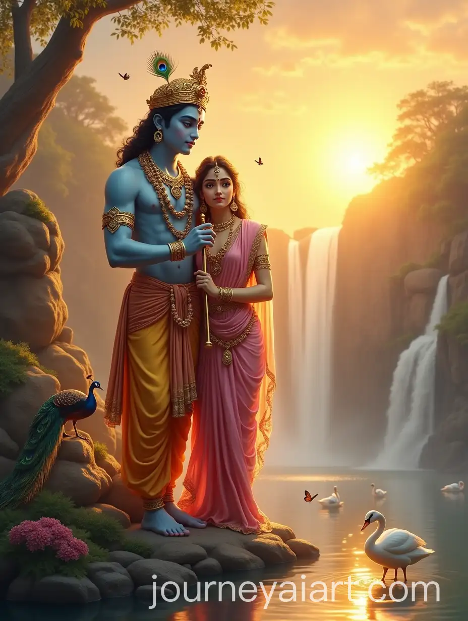 Krishna-and-Radha-with-Golden-Sun-and-Waterfall-in-Serene-Landscape