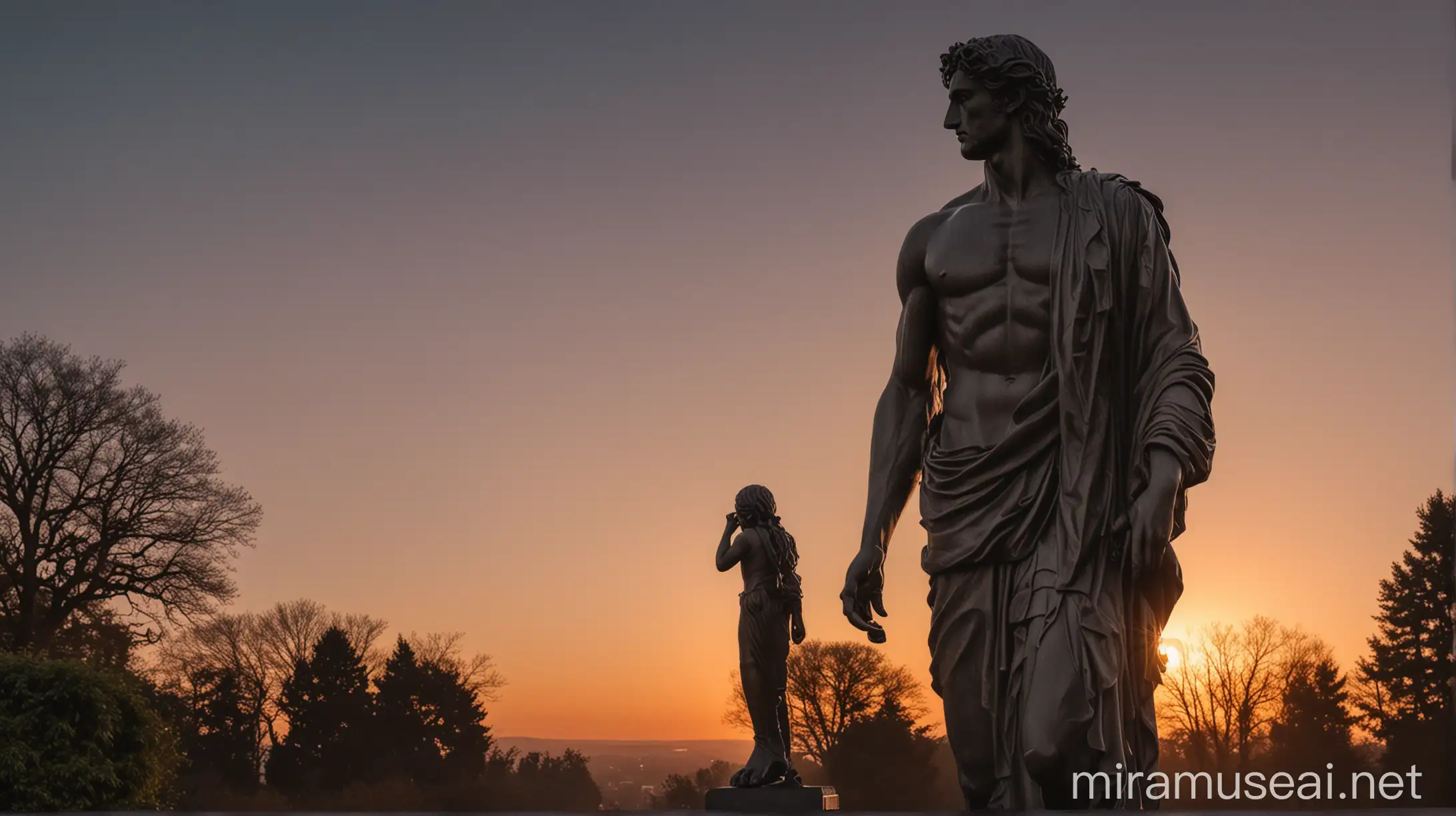 Stoic Statue in Sunset Light with Long Hair Amidst Nature