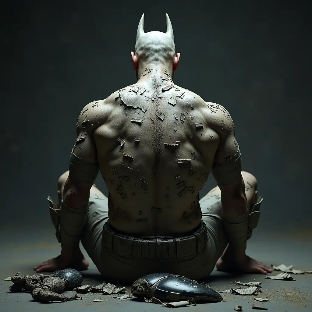 Batman sitting, dominated by a central figure with his back to the viewer. This figure is muscular and his back is extensively covered in bandages, revealing numerous scars and injuries. Bandages are applied randomly, due to urgency or lack of adequate medical attention. His posture is bent, on the floor remains of the hero costume