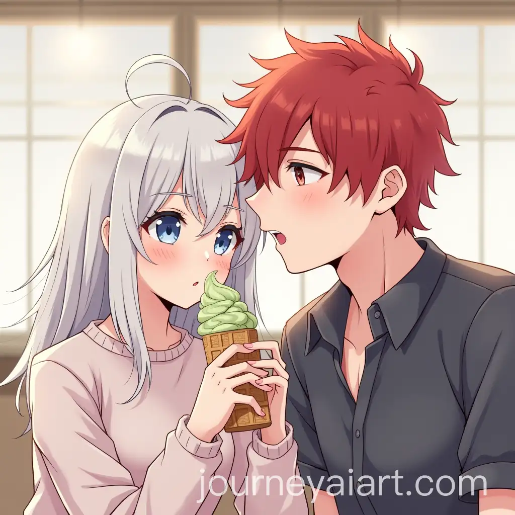 Adorable-Girl-with-White-Hair-Eating-Ice-Cream-with-Handsome-Man