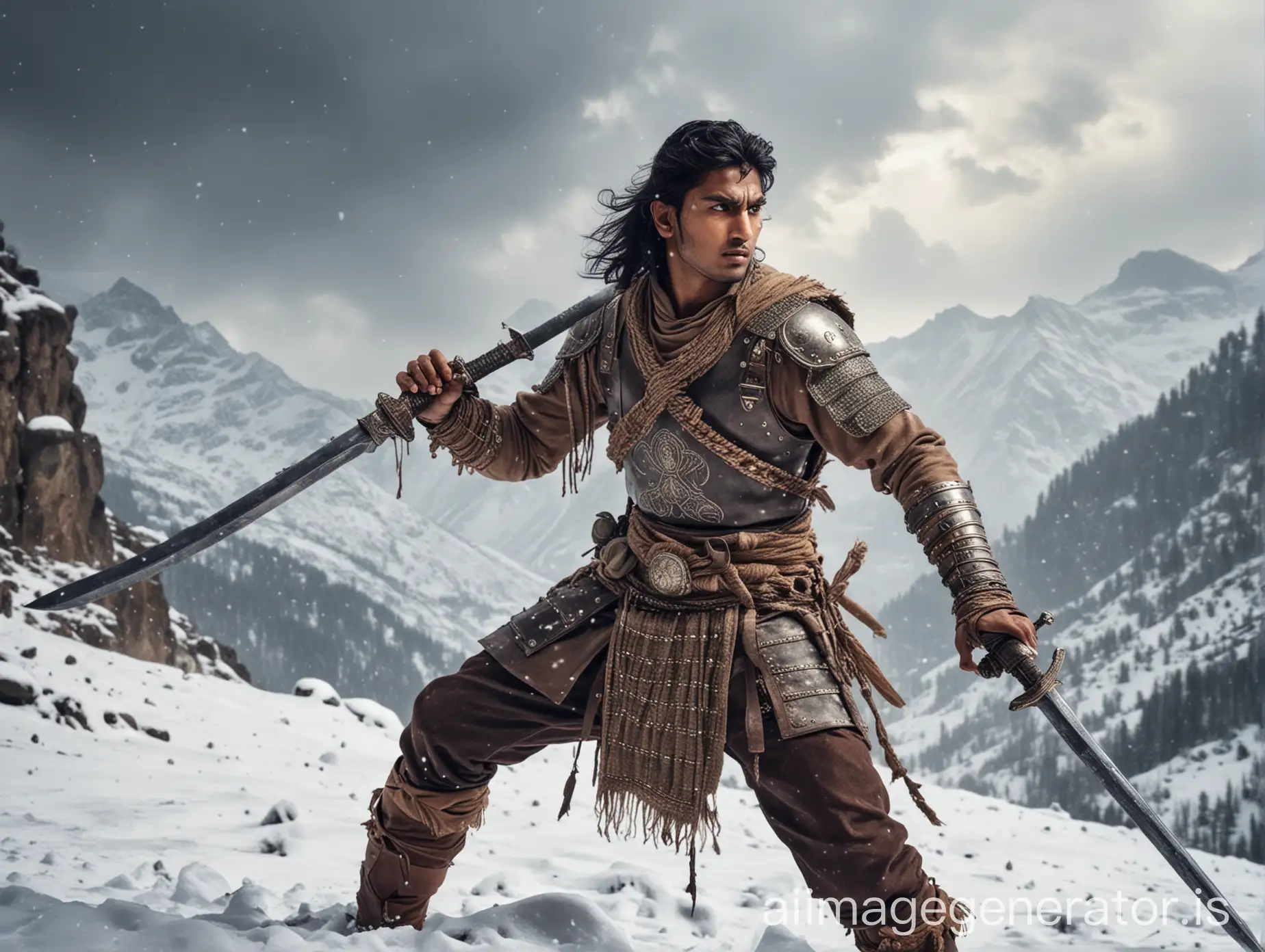 A Young Indian handsome  warrior fighting enemies in the snowy mountains with a sword. Historical. Ancient. Body Armour.