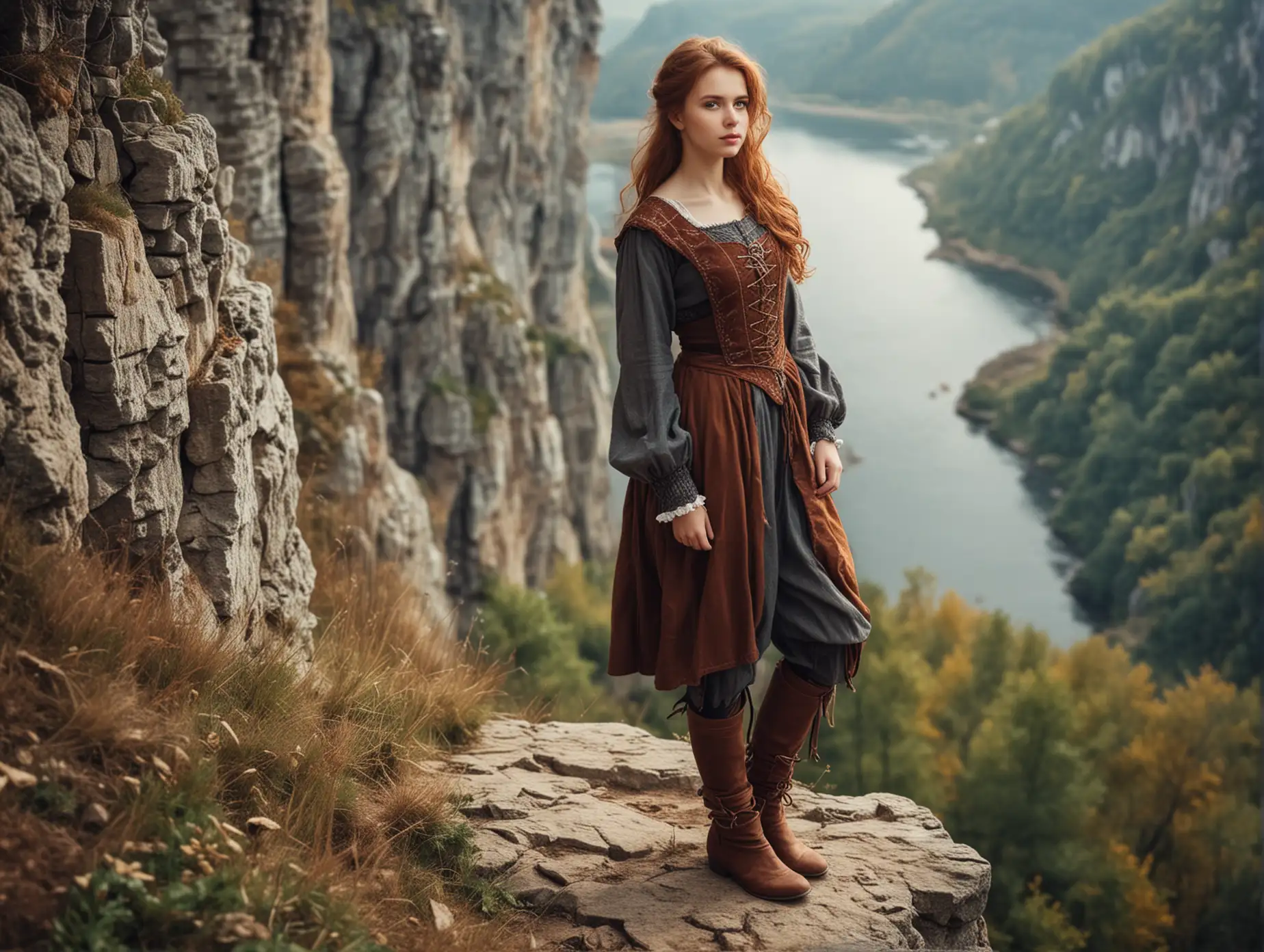 Medieval-Girl-with-Chestnut-Hair-Standing-at-Cliff-Edge-in-Long-Boots