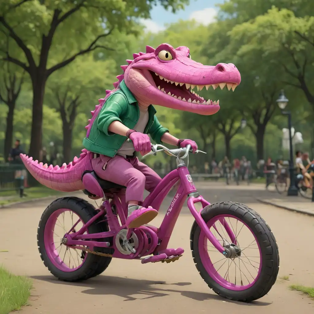 Magenta Crocodile Riding Bicycle in Park