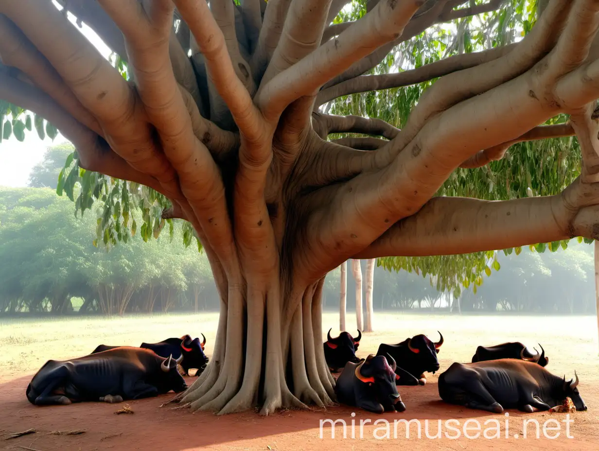 Buffalo Resting Under Banyan Tree in Hindu Ashram