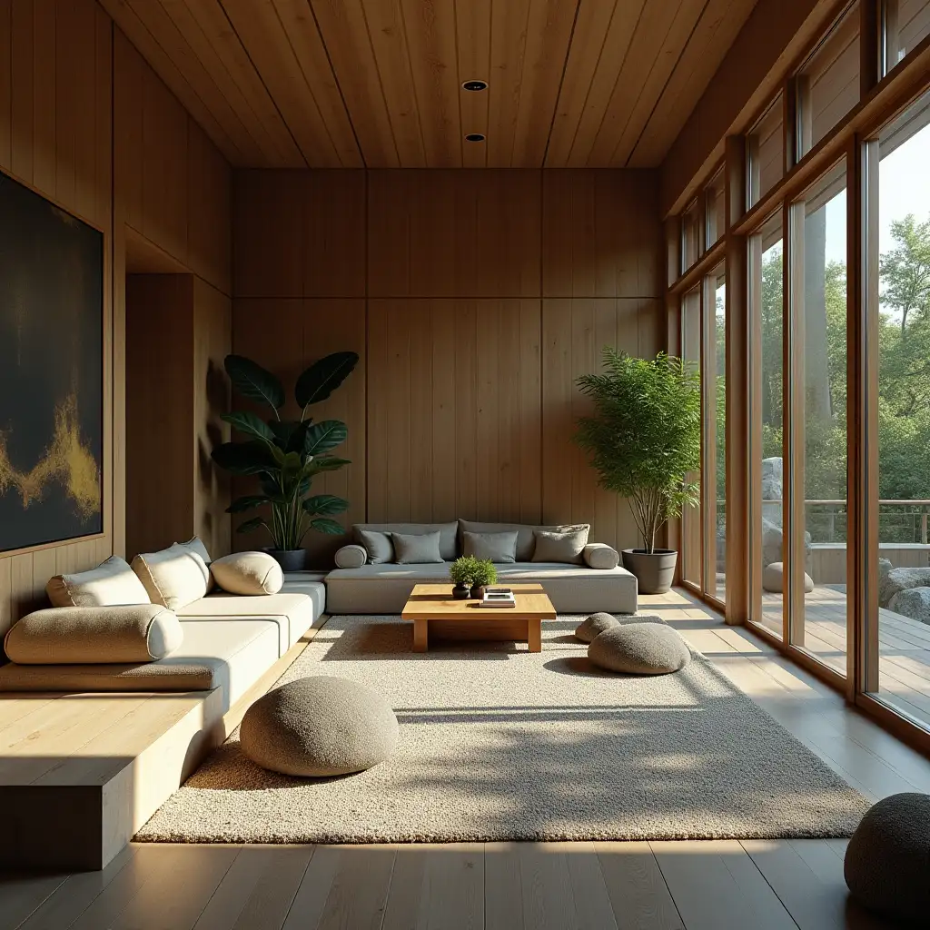 A cozy living room with a Zen garden and carefully tended rocks, a meditative