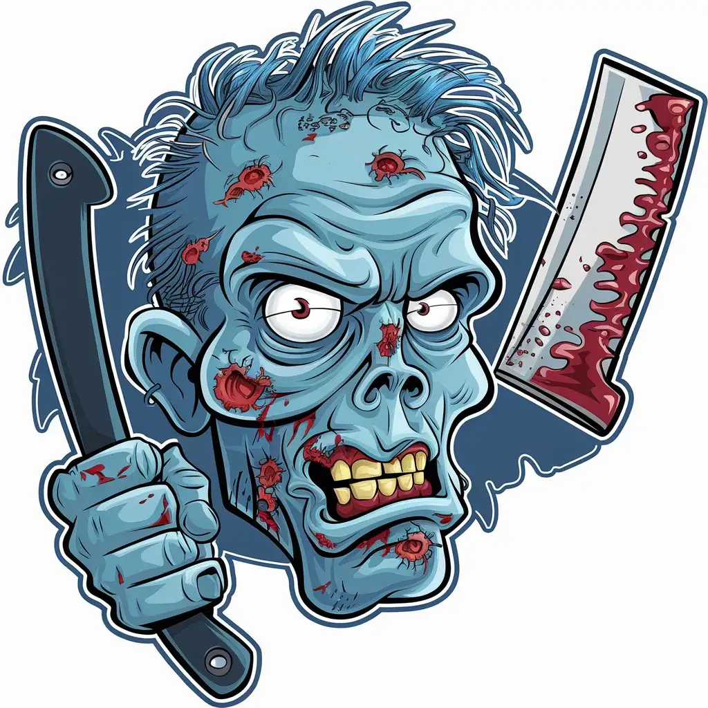 LOGO Design for Zombie Head Sticker with Bloodied Razor Cartoonish Sinister and Crazy Expression