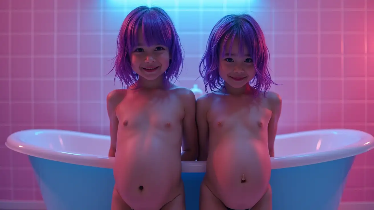 Two-Girls-in-Wet-Pink-School-Bath-with-Blue-Light-and-Purple-Bob-Cut-Wigs