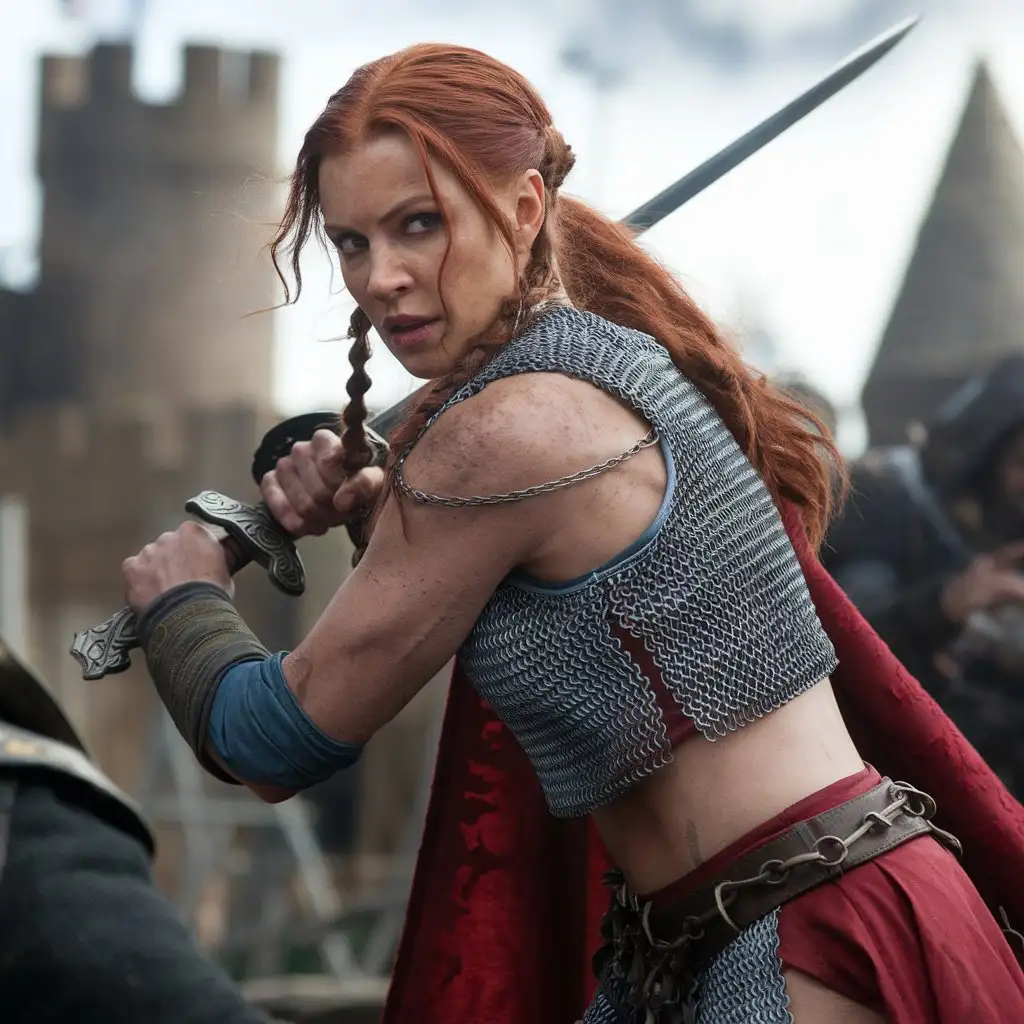 Red Sonja film. fantasy Warrior  Brigitte Nielsen with sword in battle, cinematic, photo, 