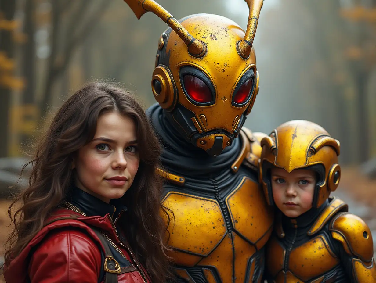 Ki-Fantasy family,Man,Woman, and Children, giant Ant-man face and with gold armor equipment