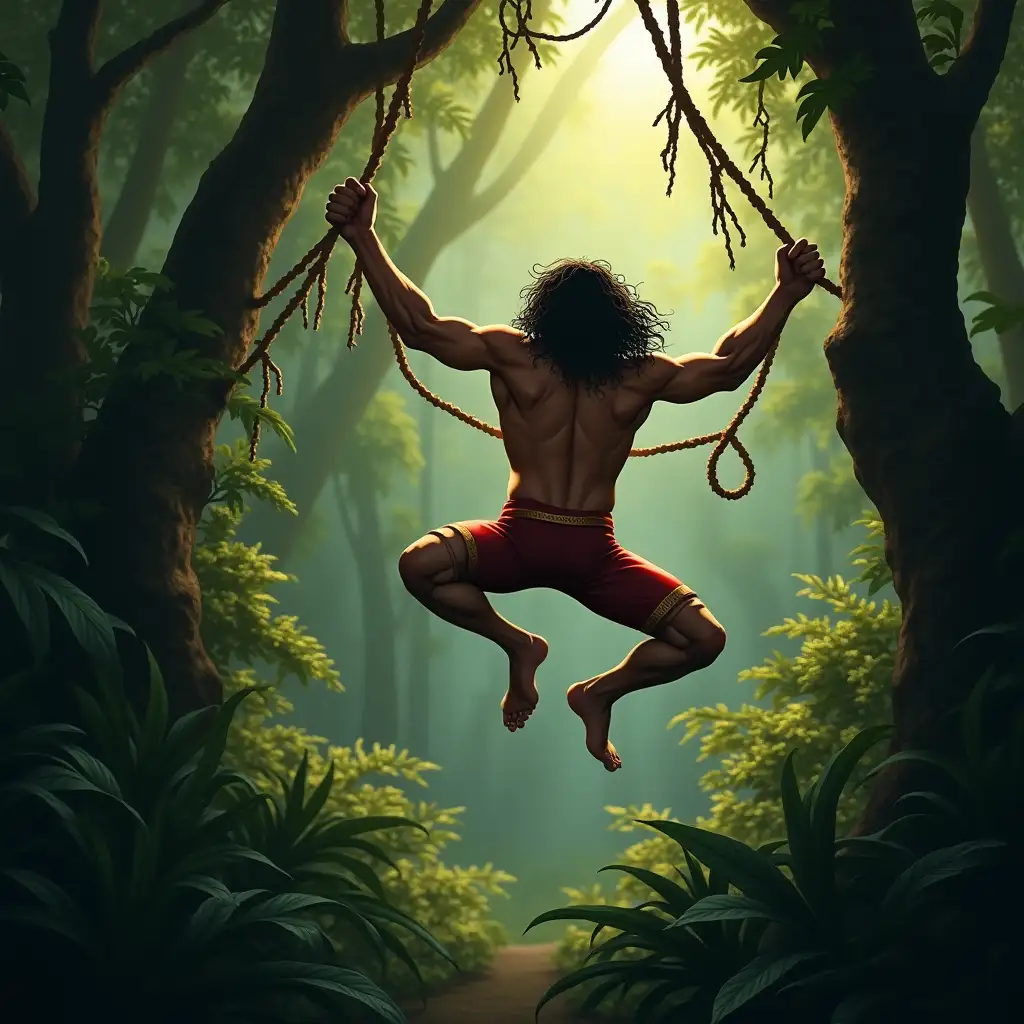 TARZAN SWINGING THROUGH JUNGLE TREES