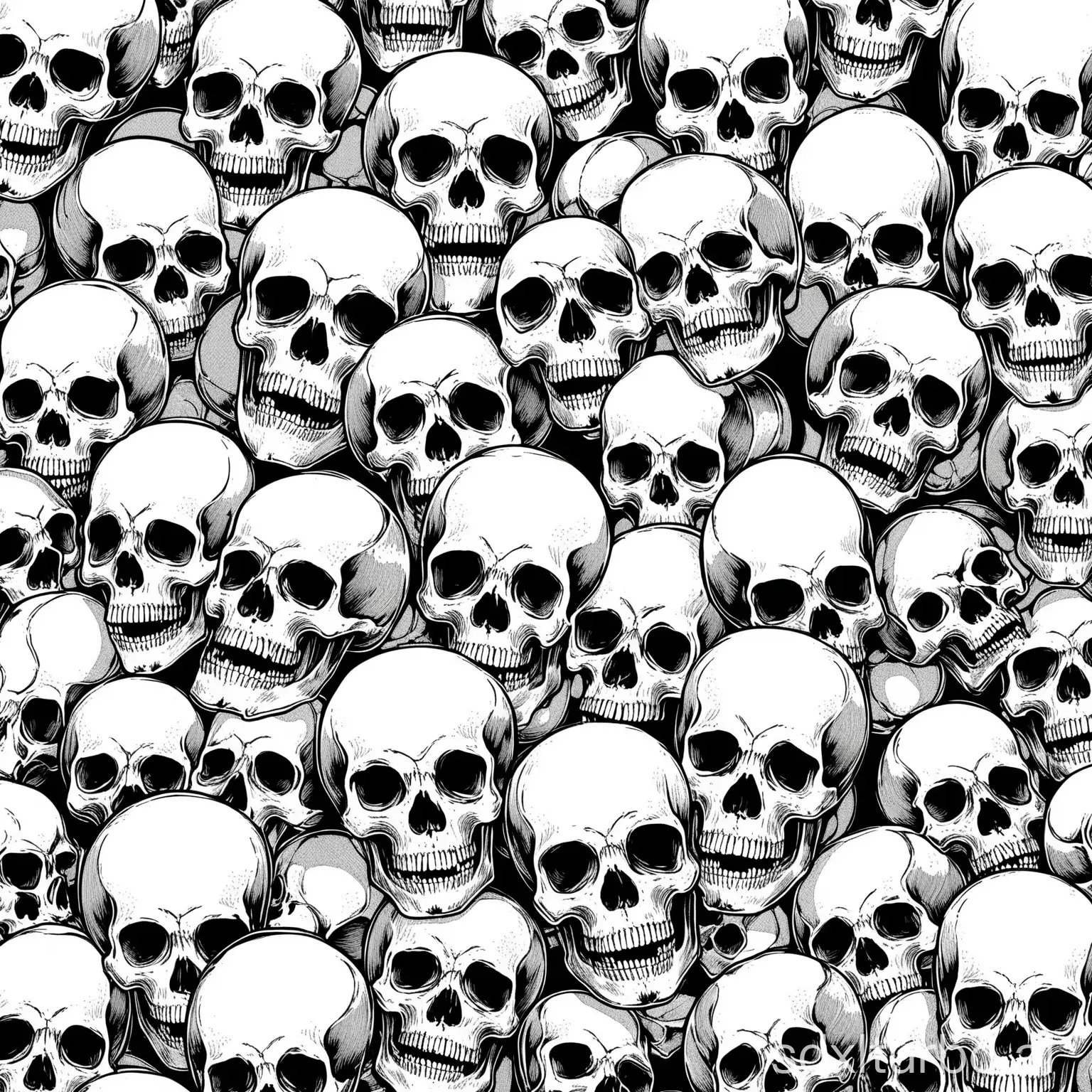 many skulls, wallpaper, in the ink style and line sketching, black and white, clear black lines, white background, a line drawing, lineart, linework, monochrome