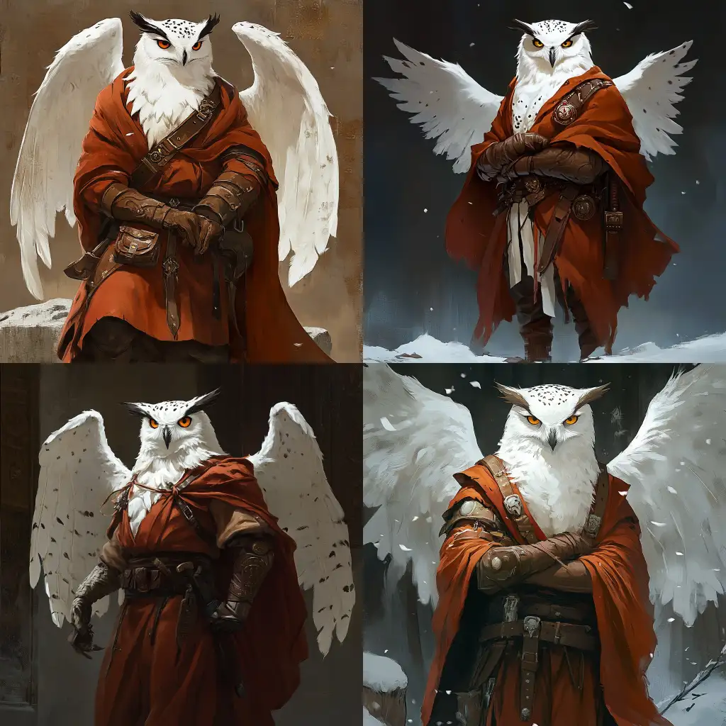 Snow-Owl-Monk-in-Red-Robe-withAI-Image-Prompt-Expansion-Tied-Wings-and-Guild-Accountant-Role