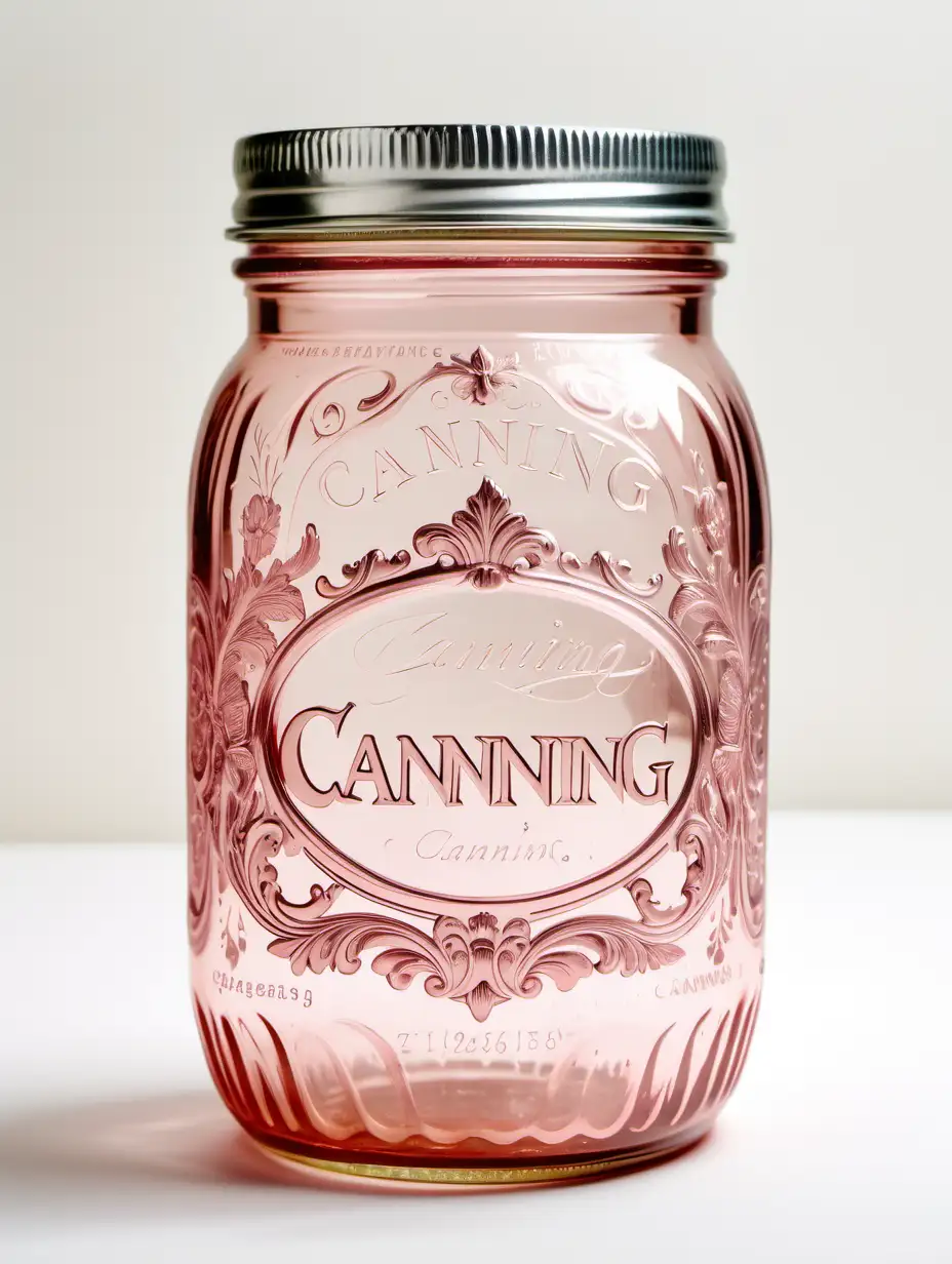 Antique Canning Jar with Ornate Designs and Fruit in Pink Glass