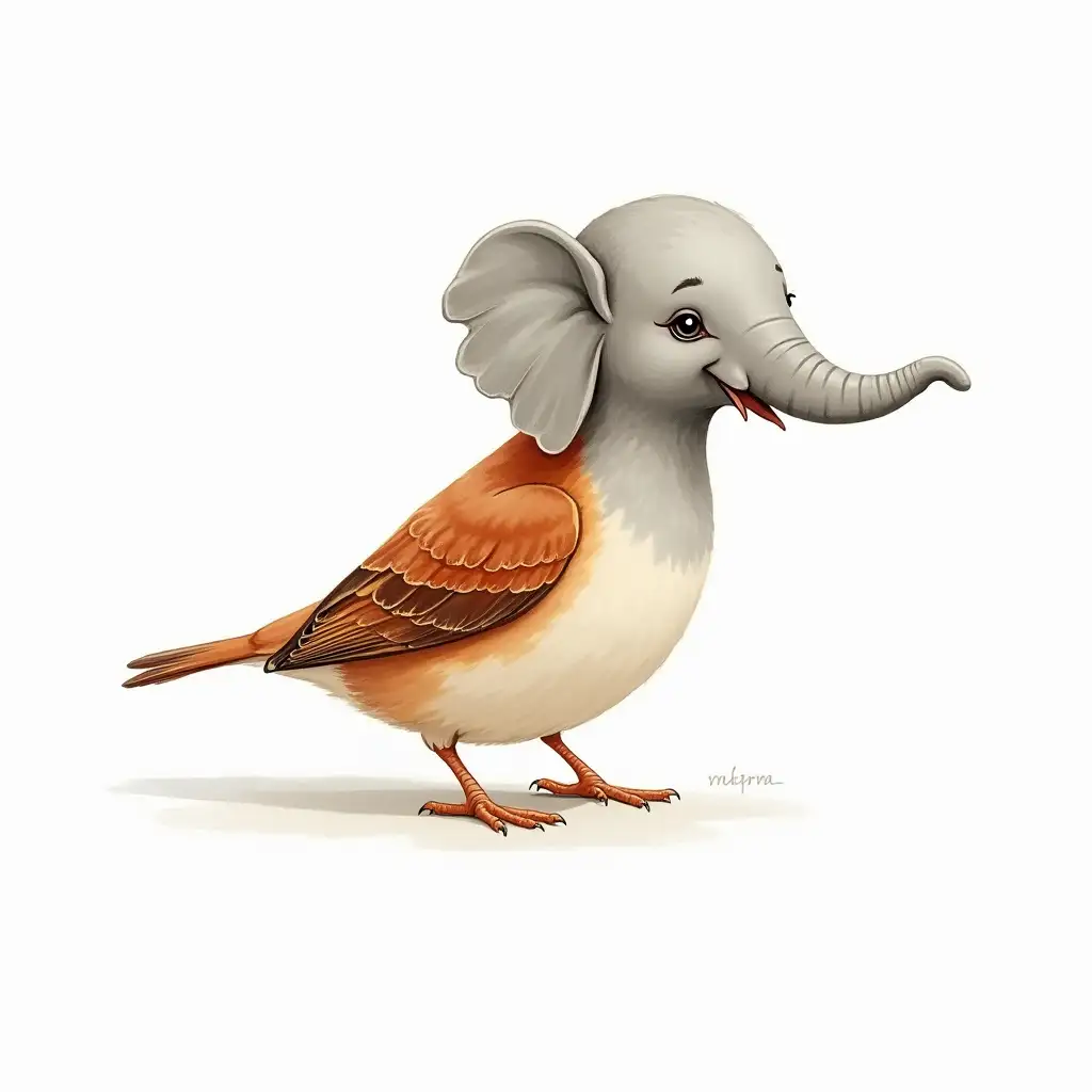 Sparrow with elephant head, white background, bright watercolor, 3D