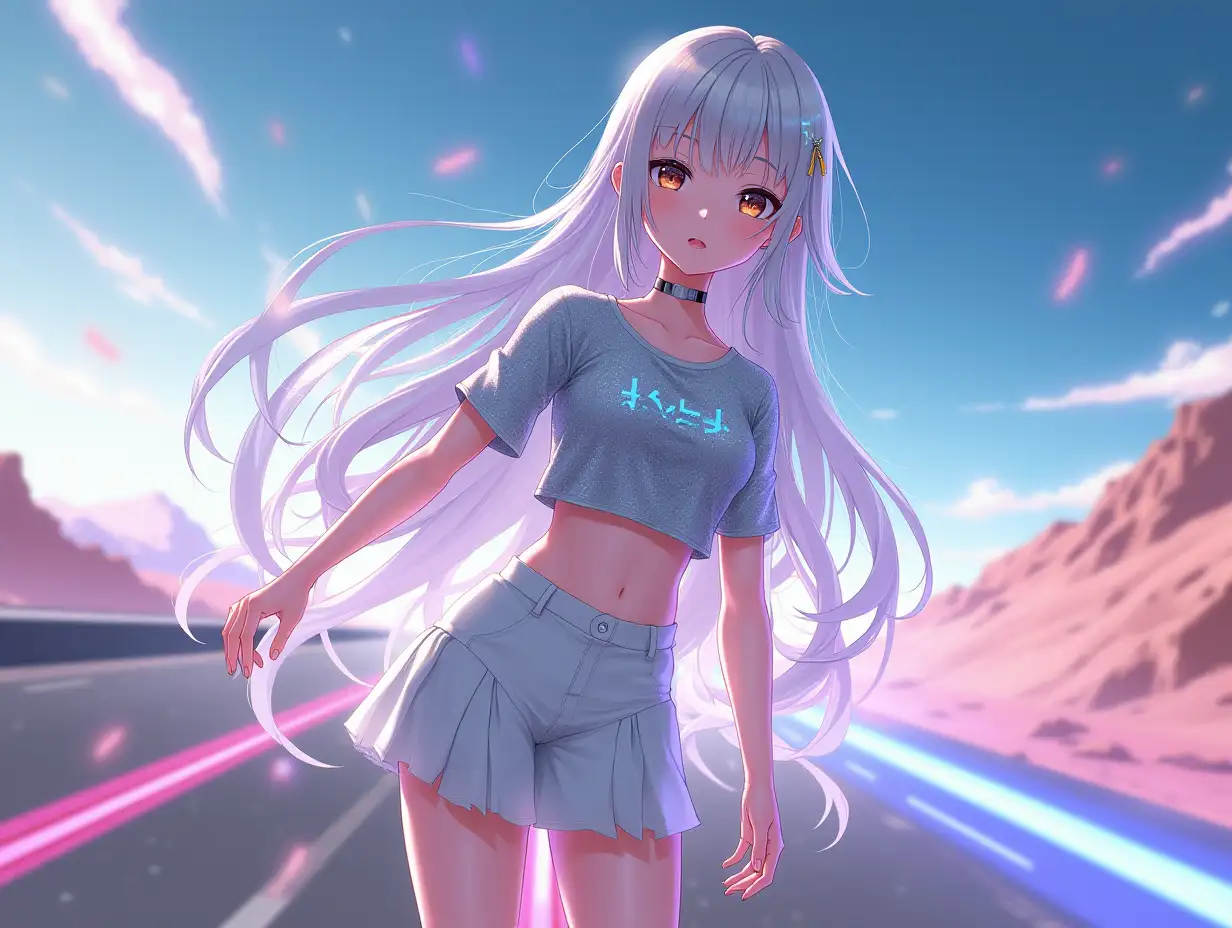 user_prompt: Female character in anime style, highest quality, 32 kb, high resolution, masterpiece:1,5, ), glowing photograph, gaze at the world in cyberpunk, science fiction, beautiful Japanese girl, 15 years old, cyborg, (Glowing silvery hair, long beautiful hair), asymmetric bangs, beautiful big eyes, fleeting expression, smooth and soft skin, translucent double eyelids, natural makeup, pale pink lips, glamorous look, Detailed and perfect collarbones, beautiful thighs in high resolution, professional lighting, professional model dances shuffle dance on the road in the desert, Wearing a sparkling silver tight-fitting t-shirt accentuating her chest and white mini skirt with folds and white sneakers.Minimalistic but dynamic background, with abstract light trails, gradients and glowing elements, highlighting movement and futuristic atmosphere. The overall artistic style is carefully crafted, with detailed lines, bright colors and smooth textures, in line with the aesthetics of modern anime.