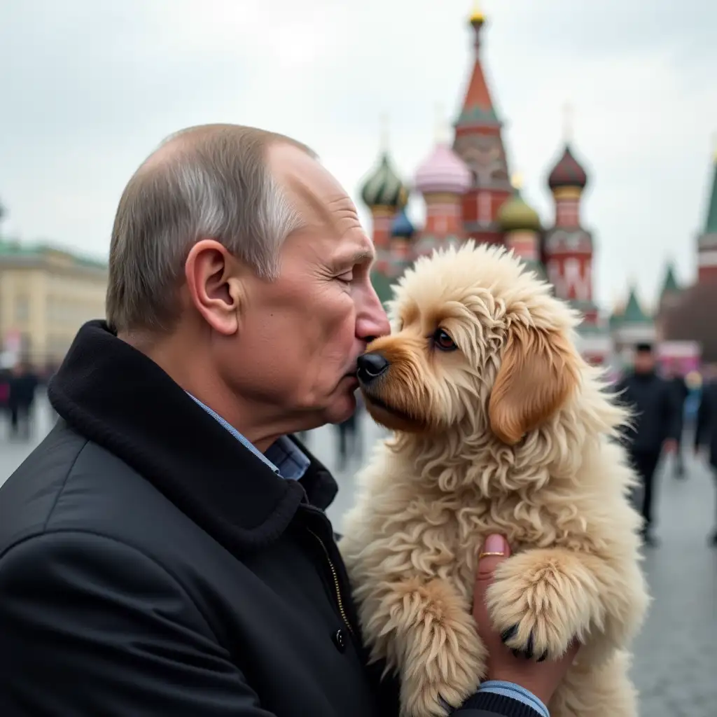 Create a high-res image of president Putin, kissing a Mops breed dog. The Mops is blonde. Putin is in love. In the background, the Kremlin