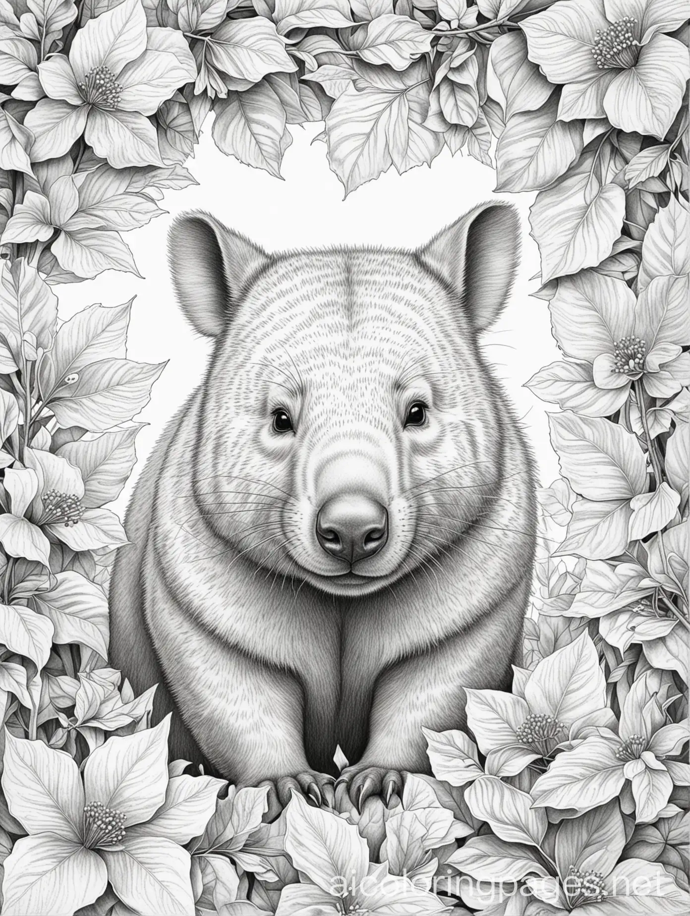 Wombat-Surrounded-by-Dogwood-Leaves-Coloring-Page