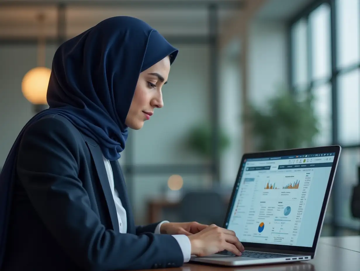 A hyperrealistic photograph of a female Iranian lawyer wearing a hijab working diligently on a laptop in a modern, well-lit office. She is wearing a professional suit and has a focused expression on her face. The laptop screen displays a user-friendly interface with legal documents and data charts. The color palette includes deep indigo/purple-blue, white, and light gold, conveying professionalism and expertise. The background is subtly blurred to emphasize the lawyer's concentration on her work. The entire image should have a photorealistic quality, with a focus on detail and realism.