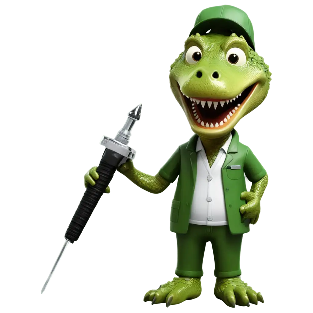 Caricature of a crocodile dentist wearing scrubs holding a drill