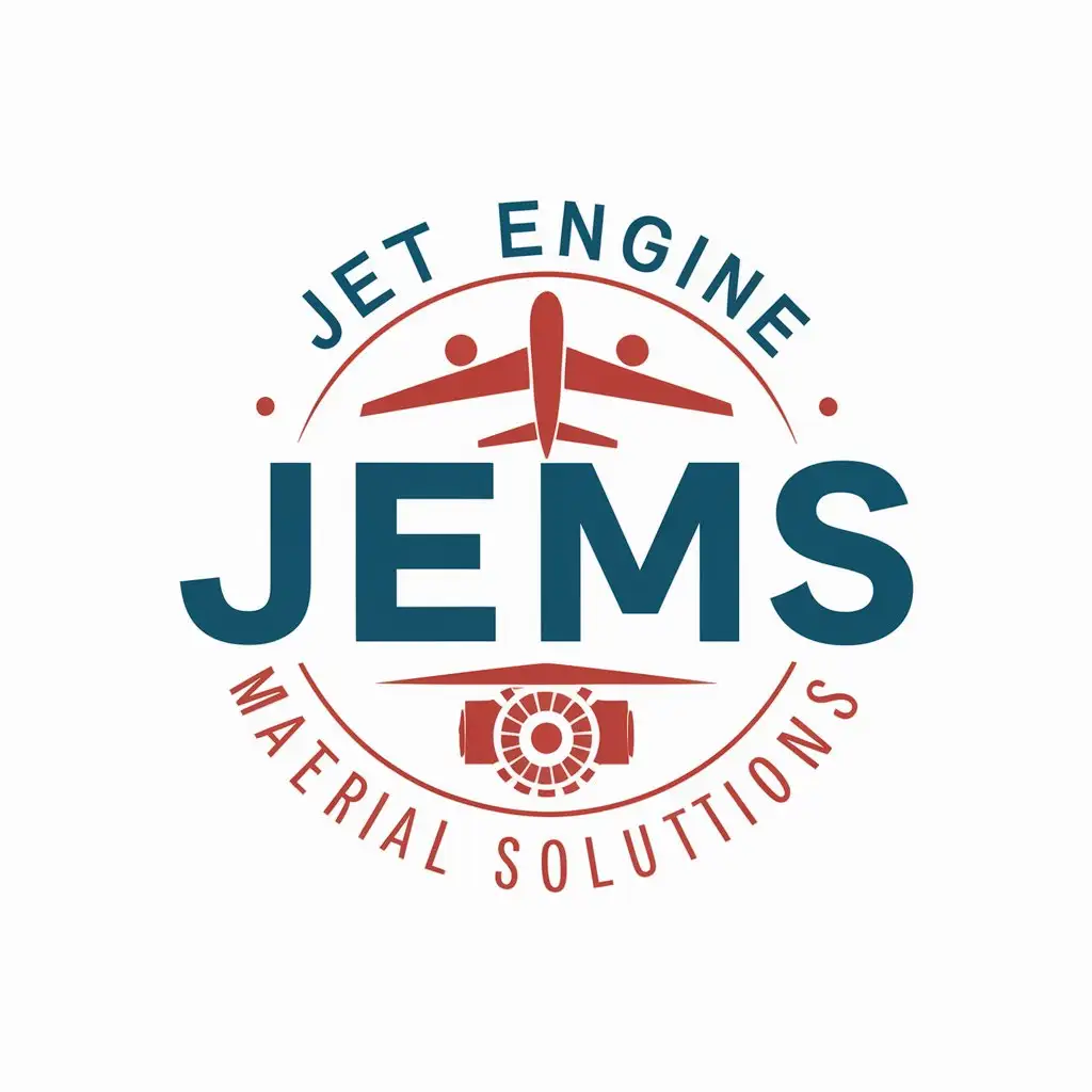 LOGO Design For JEMS Jet Engine Material Solutions with Airplane and Engine Parts Theme in Blue and Red