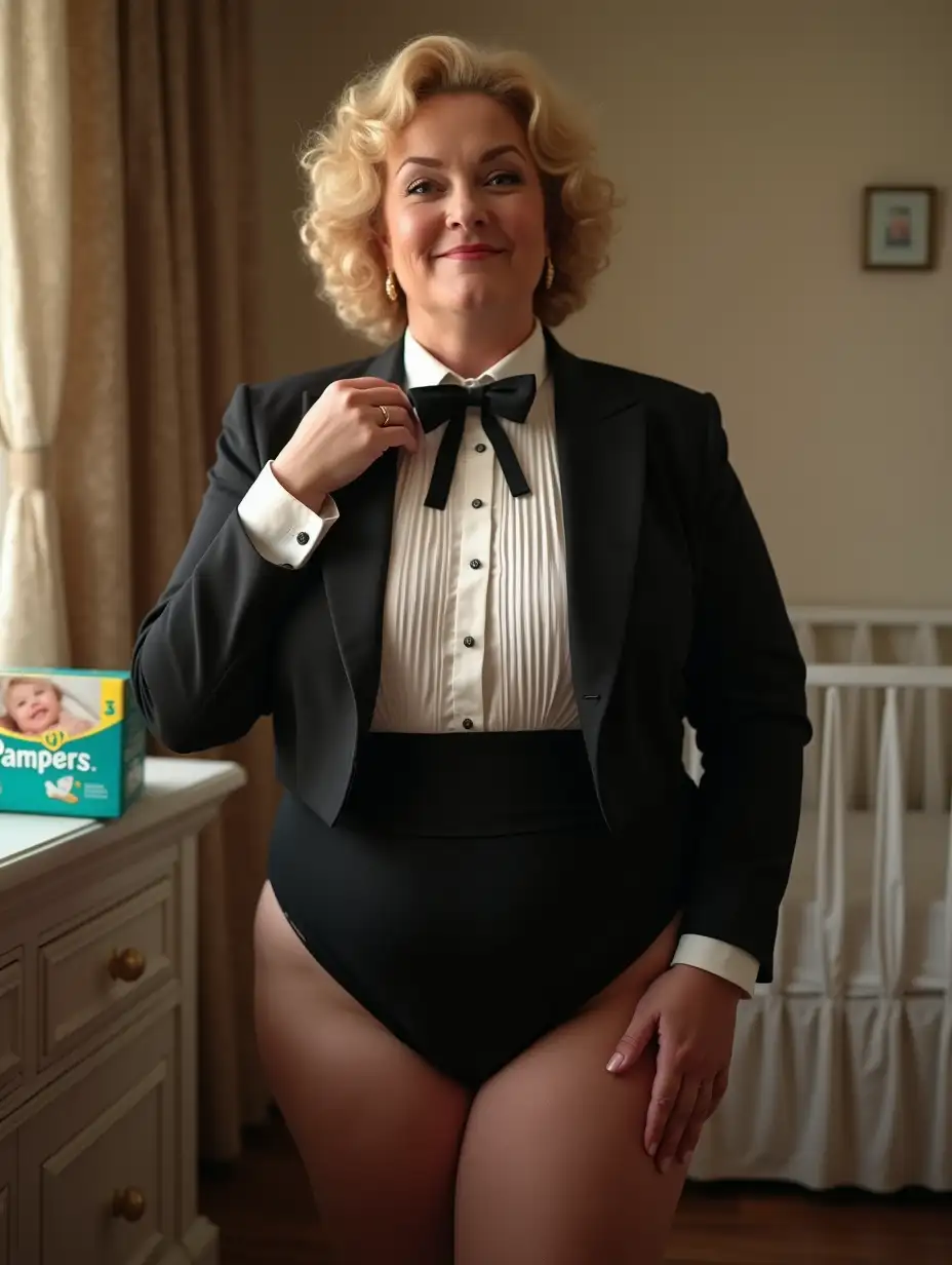 Caucasian-Woman-in-Formal-Tuxedo-Standing-by-Changing-Table-in-Nursery