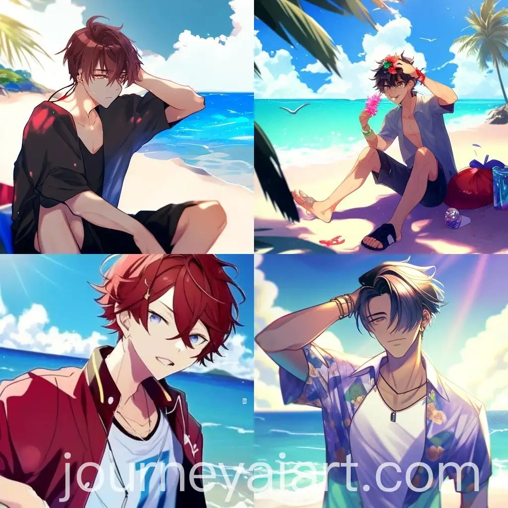 Anime-Men-Enjoying-Beach-Sunset-Rainbow-Sky-Background