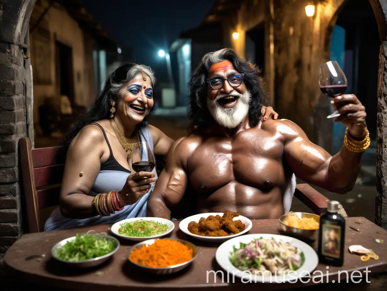 Indian Bodybuilder and Woman Enjoying Tandoori Chicken and Wine in a Decorated Old Building