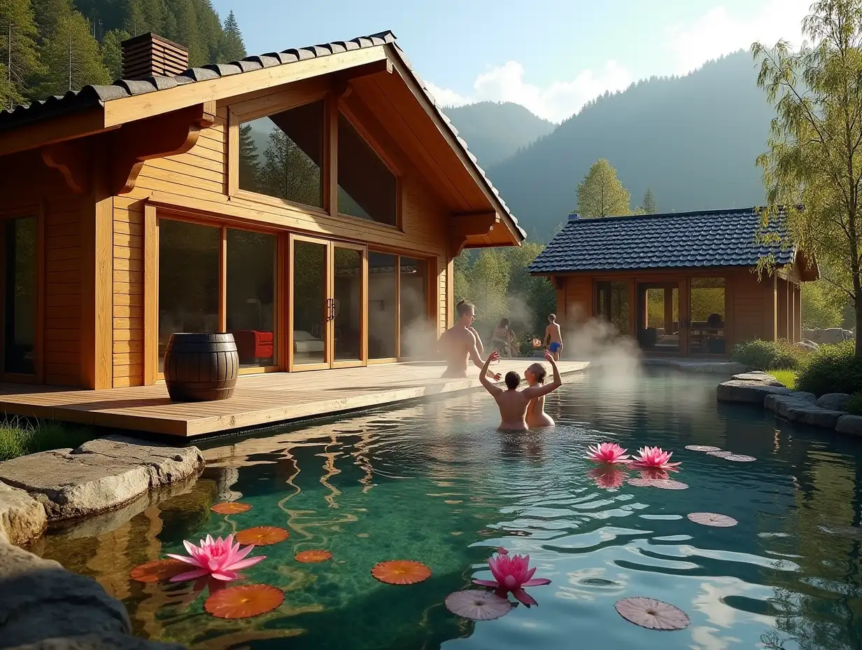 a chalet-style house made of a wooden support system, all the walls of which are made of glass and these are panoramic windows from floor to roof, and on the wooden terrace in front of this house there are people in swimming trunks and steam comes from them as in cold weather and there is also a large barrel in the form of a semi-barrel from which steam comes in which one of the people dips, in front of the house there is a wooden terrace from which you can dive into a pond with crystal clear water with pink water lilies and this pond of natural shape,  on the other side of this pond, there is a simple one more chalet house with panoramic windows in all walls from floor to roof, that is, each wall is a panoramic window, everything else around the pond is a minimalist landscape design, a sunset sunny day and a lot of sunset sunlight, the foreground is in focus, and the background is blurred