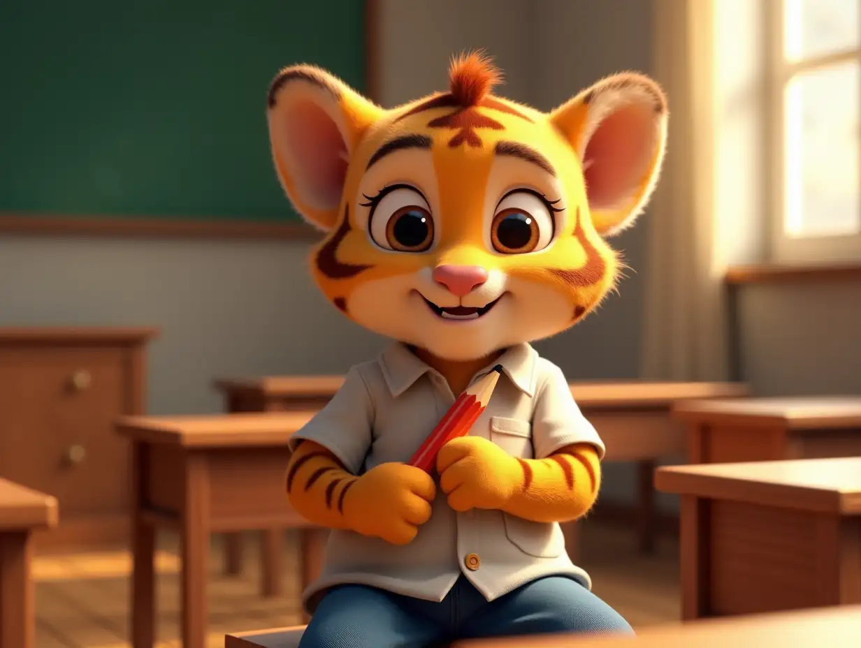 A realistic 3D scene of Tinku, the tiger cub, sitting on a wooden bench in his classroom, wearing his school uniform—a white shirt and blue pants. Tinku holds the magical pencil close to his chest, glancing around to ensure no one is watching, and then carefully hides it with a warm, secretive smile. His expression reflects happiness and a hint of mischief as he tucks the pencil away, feeling the excitement of possessing something magical. The classroom is simple, with wooden desks, a chalkboard on the wall, and soft morning sunlight filtering through the windows, casting a warm glow on Tinku and his hidden treasure. His detailed fur and expressive face capture the joy and mystery of this moment.