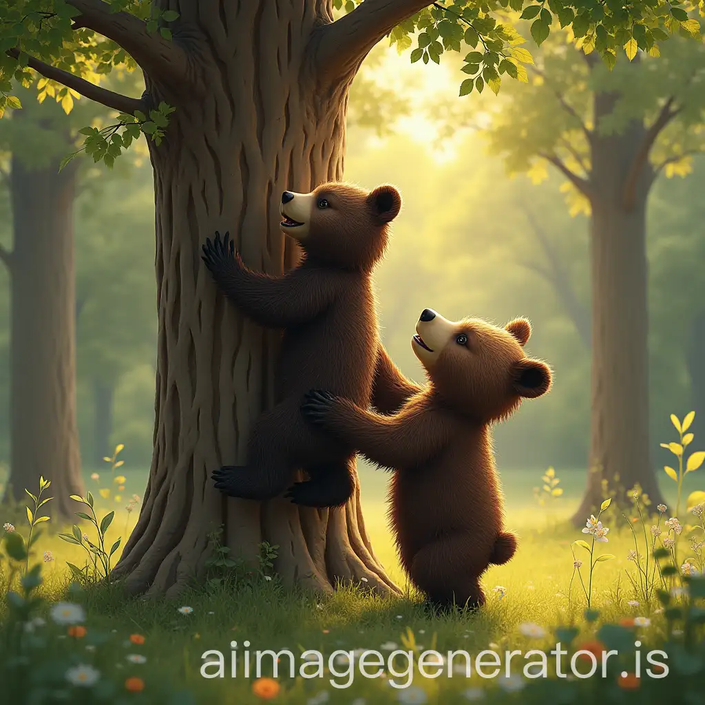 A playful scene of a bear cub learning to climb a tall tree with guidance from its mother, as they enjoy the sunny, peaceful forest together