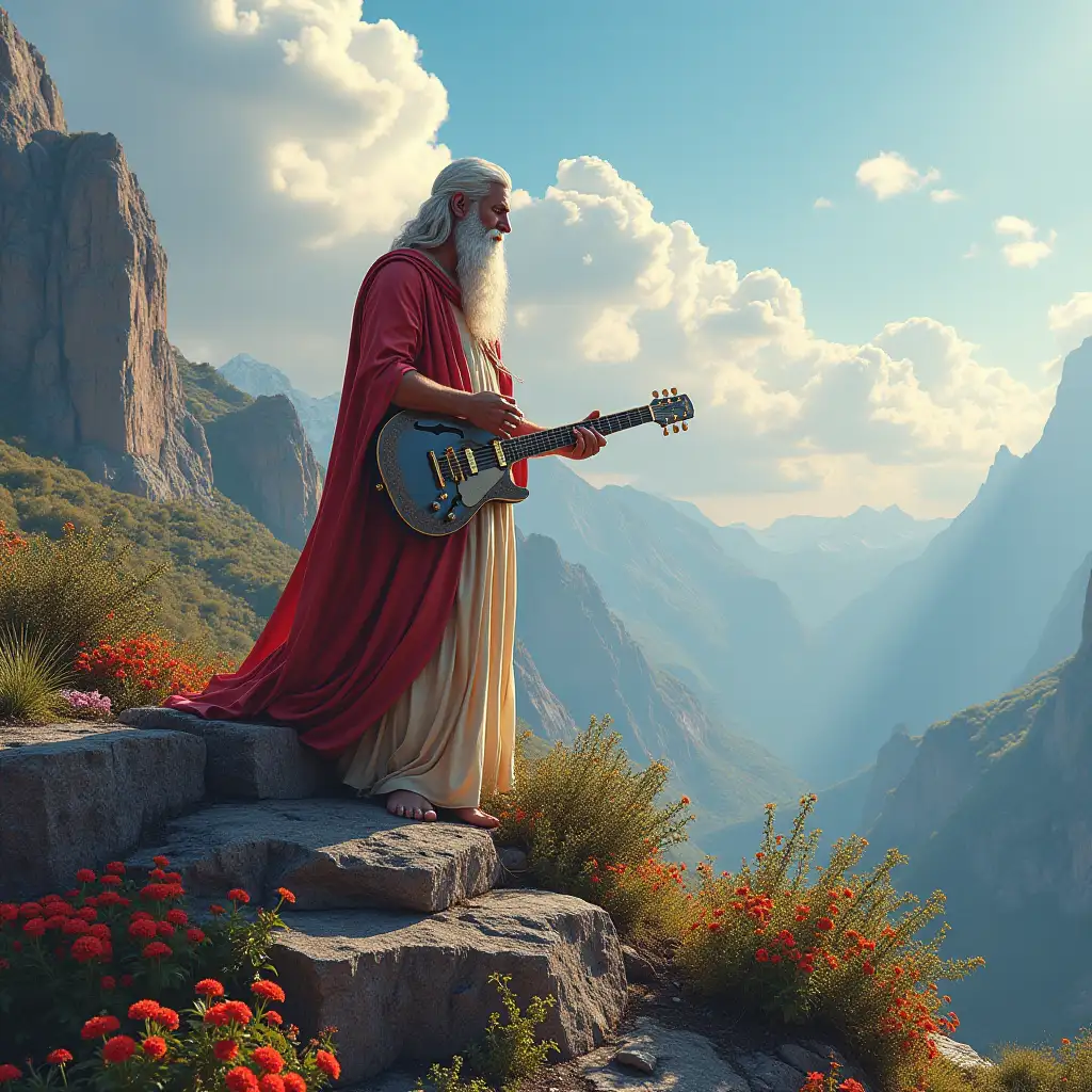 Ultradetailed hyperrealistic portrait god zeus 10 meter big in Greece on a mountain with an e-guitar in hand on a rock and god in the clouds looking down on detailed, colorful plants in the background colorful plants background