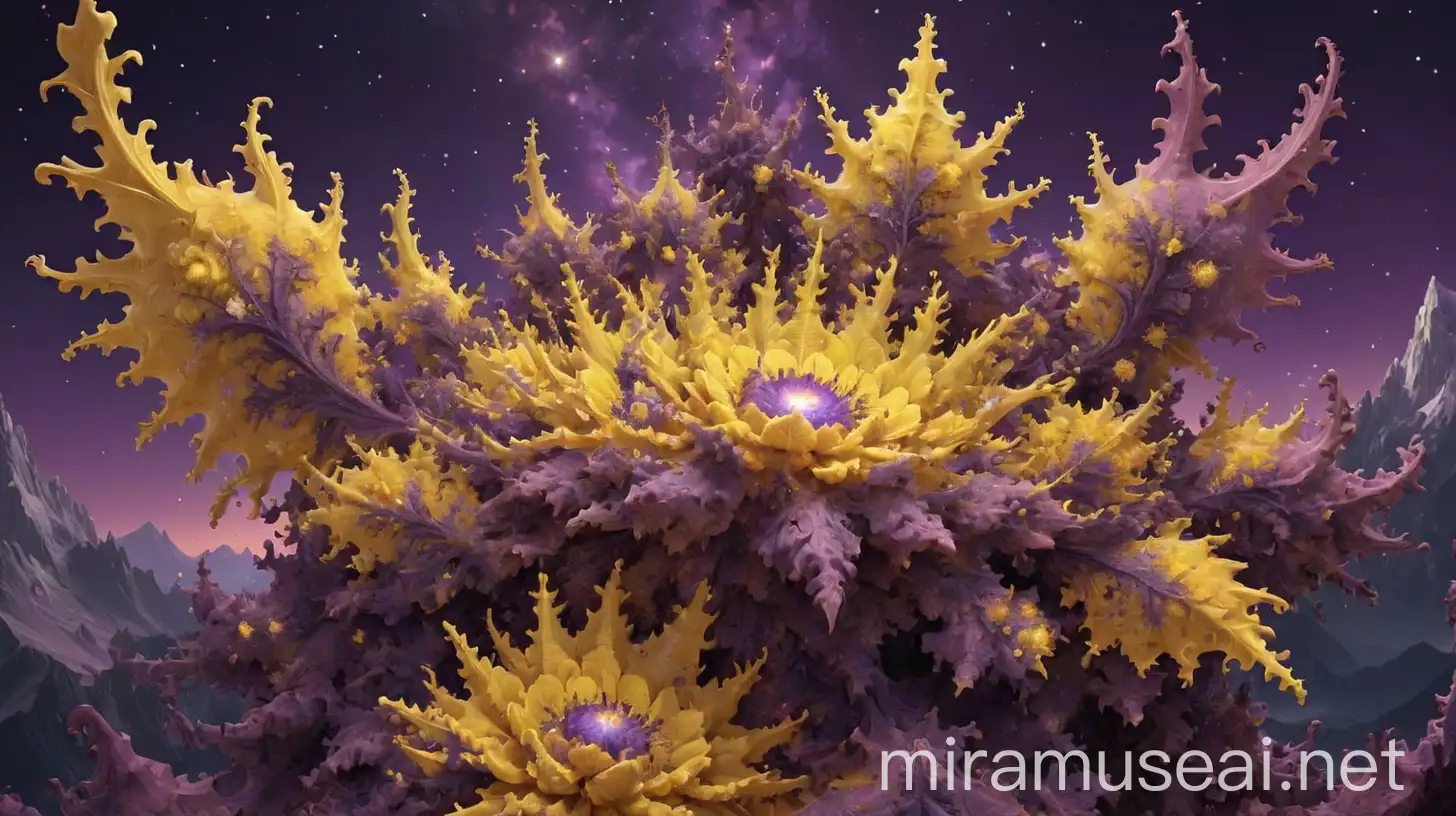 Vibrant Mandelbrot Fractals with Botanical Elements and Mountain Silhouettes