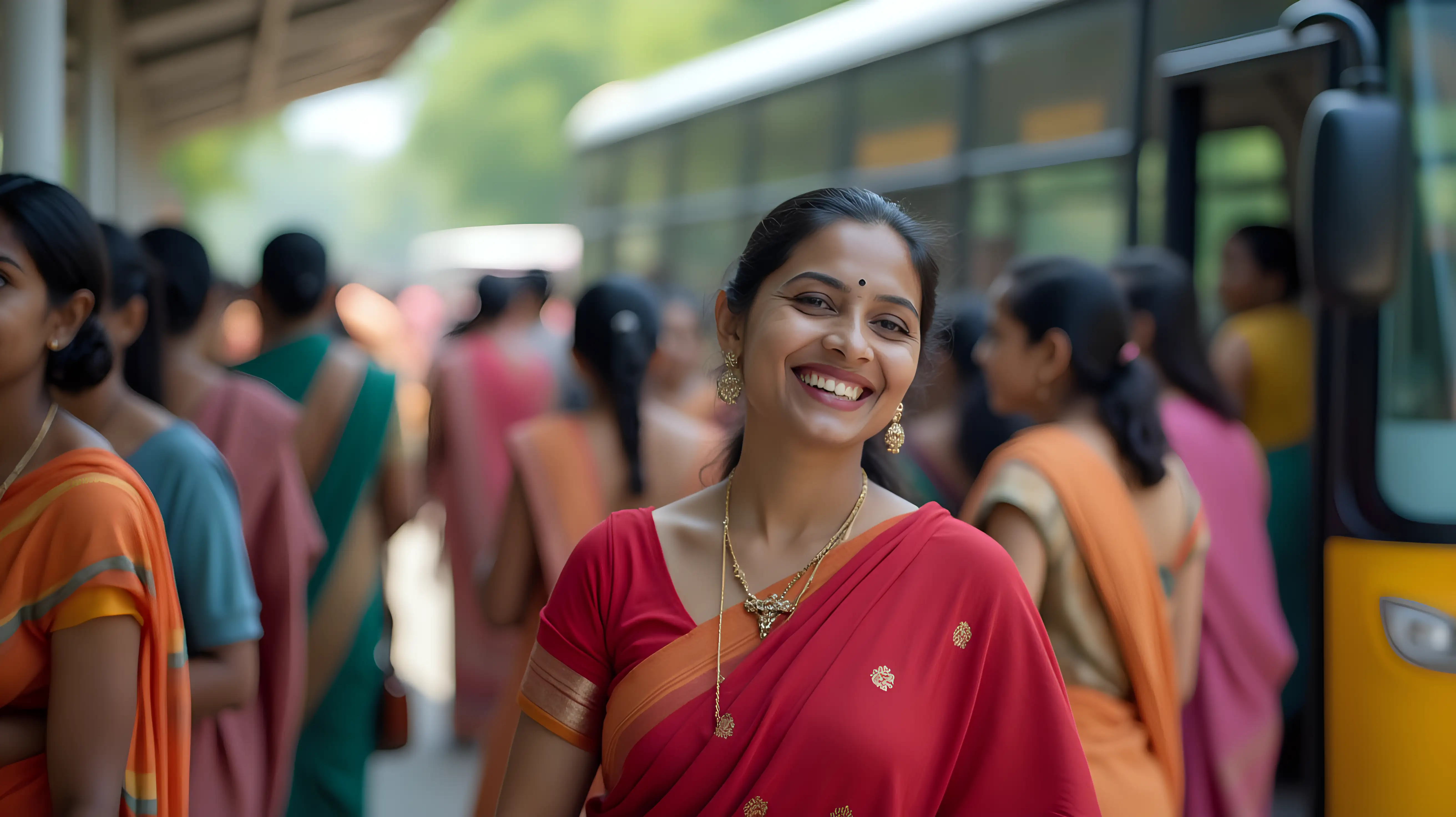 Indian women standing at crowded bus stop. smiling, Waiting for bus. Wearing red sleeveless saree.