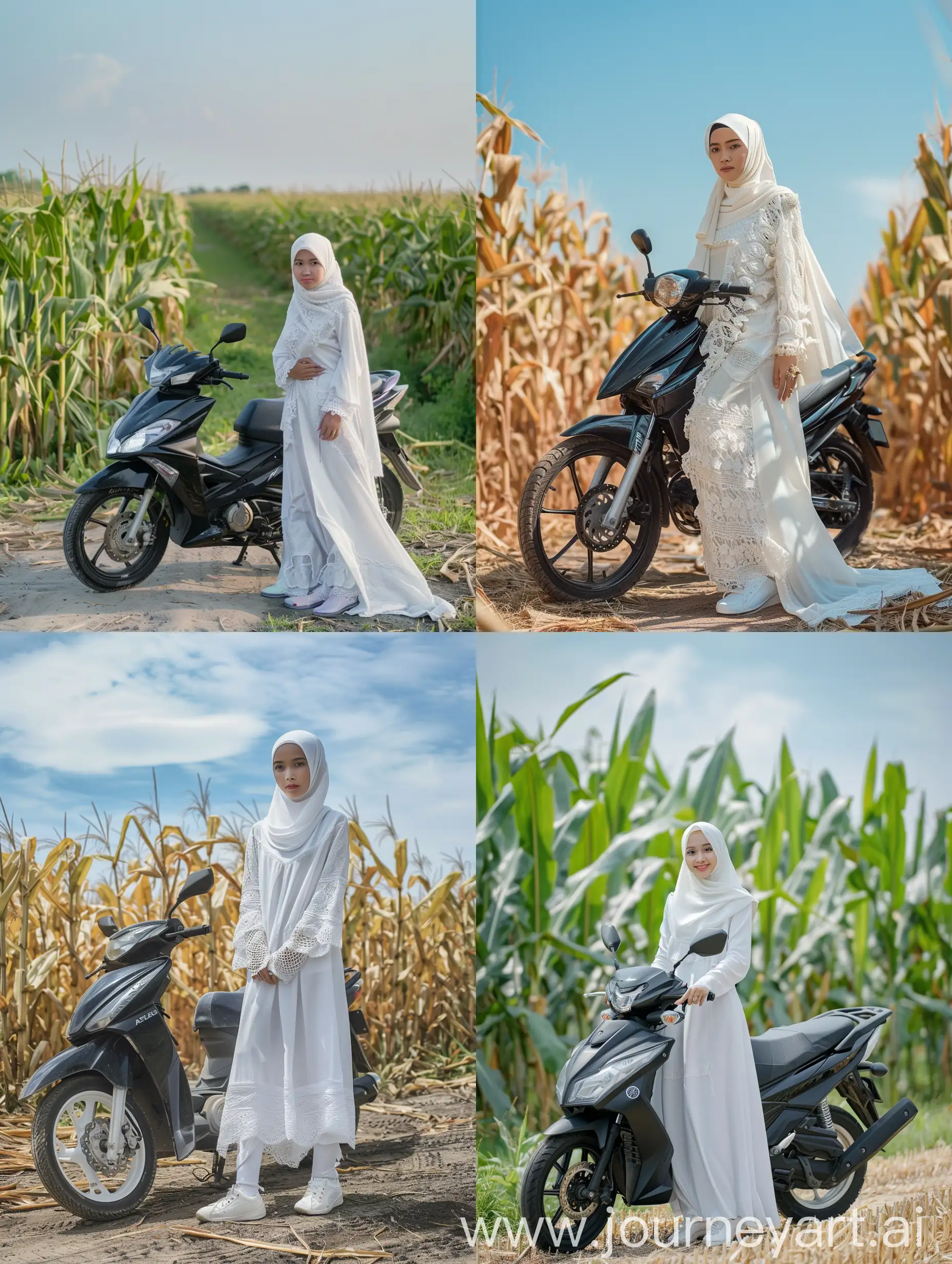 Smiling-Indonesian-Woman-in-Traditional-Attire-by-Motorcycle-in-Cornfield