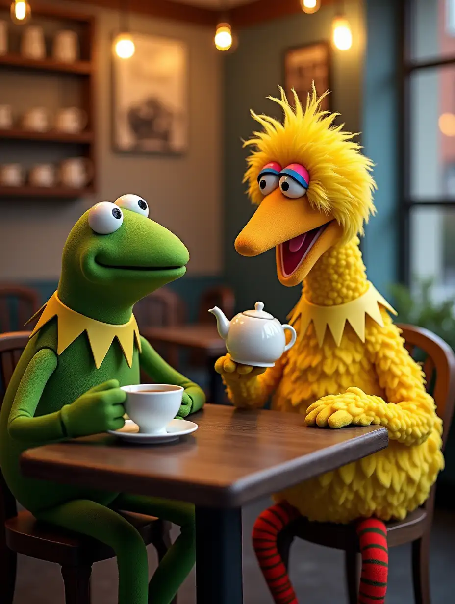 Kermit the frog and big bird at a coffee shop together. Big bird is not eating or drinking anything. He is just sitting there and chatting with Kermit. Kermit is drinking a cup of tea while he chats with big bird. And Kermit has a teapot on the table.