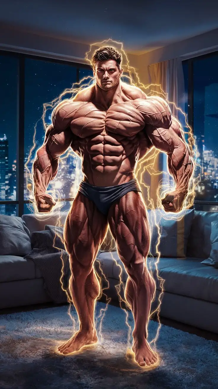 Muscular-Hero-Transformed-by-Golden-Power-in-His-Apartment-at-Night