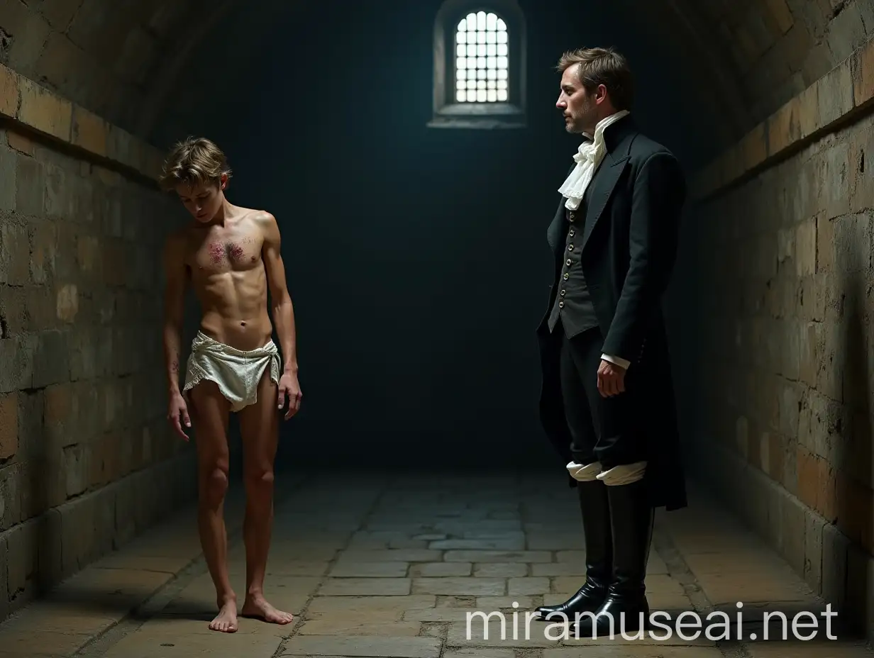 A low angle, full body shot of an extremely lean, handsome young man, about 18 years old, standing barefoot on a cold, dirty stone floor in a dimly lit, wide ancient vault. His body is positioned to the left, showing his right side, his head bowed humbly, gazing at the floor. His slender, delicate frame glistens with sweat, highlighting cuts and bruises across his skin. He wears a ragged, torn and ripped loincloth, thin with age, barely covering his dirty and injured body. His expression is desperate and fearful, accentuating his vulnerability.nnOpposite him stands a powerful nobleman, dressed in a pristine Regency-era outfit, his tailored black tailcoat with silver buttons perfectly fitted over a white waistcoat. His cravat is neatly tied around his neck, and he wears finely pressed breeches tucked into polished black boots. White stockings, along with a gleaming pocket watch, complete his look, representing wealth and authority. The contrast is stark—his face exudes disdain, casting a dominating presence as he gazes down at the young man.nnThe damp prison walls, thick with dust, dirt, and cobwebs, heighten the oppressive atmosphere. Faint light filters through a small grated window, casting dramatic shadows across the scene. The dramatic interplay of light and shadow focuses on extreme realism, capturing the suffering of the young man and the harshness of his environment, with vivid colors and meticulous attention to every agonizing detail. Shot with a Nikon Z7 II, 50mm f/1.4 lens, shallow depth of field.