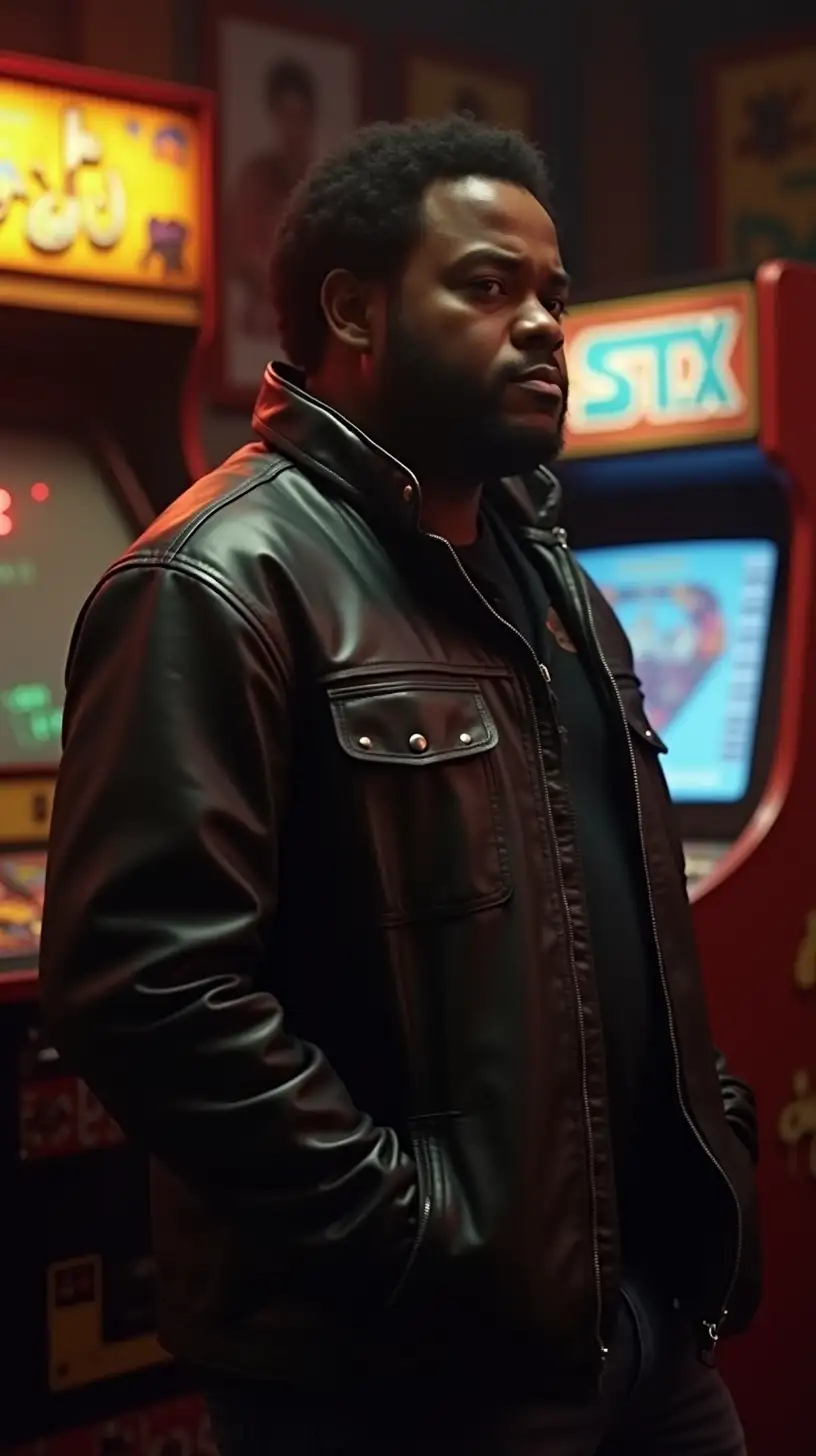 1970s Black Chubby Man in Leather Jacket in Video Game Room