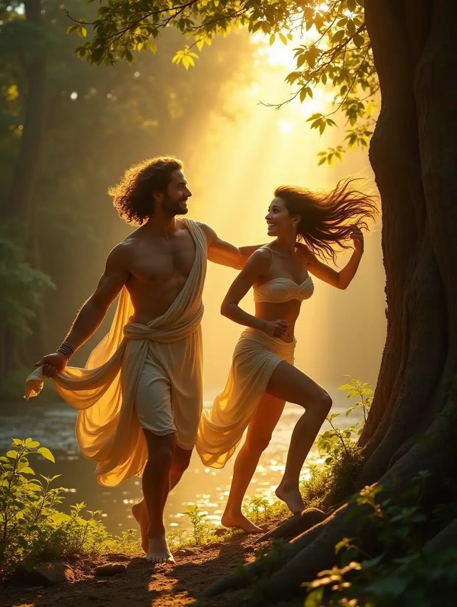 A dramatic and emotional scene from Greek mythology, portraying the moment when Apollo, the god of the sun and music, desperately chases Daphne, a beautiful nymph, as she begins to transform into a laurel tree to escape him. Apollo, radiant and golden, with a muscular physique and a flowing toga, reaches out with longing, his expression a mixture of desire and heartbreak. Daphne, her flowing hair turning into leaves and her arms becoming slender branches, looks back with fear and determination, her feet already rooted into the earth. The setting is a lush forest bathed in warm sunlight, with golden rays piercing through the trees, emphasizing the surreal transformation. Leaves swirl around them as a divine wind carries the magic of the moment. In the background, the River Peneus flows gently, a nod to her father, who granted her plea for escape. The atmosphere is both beautiful and poignant, capturing the tension of unrequited love and the bittersweet nature of her transformation