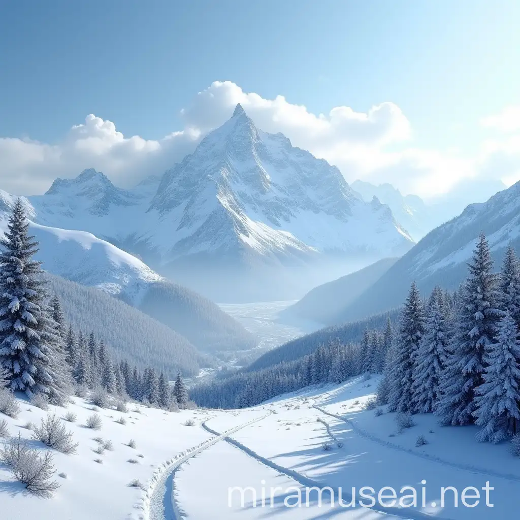 Snowy Mountain Range Landscape with Sunlight Filtering Through Clouds